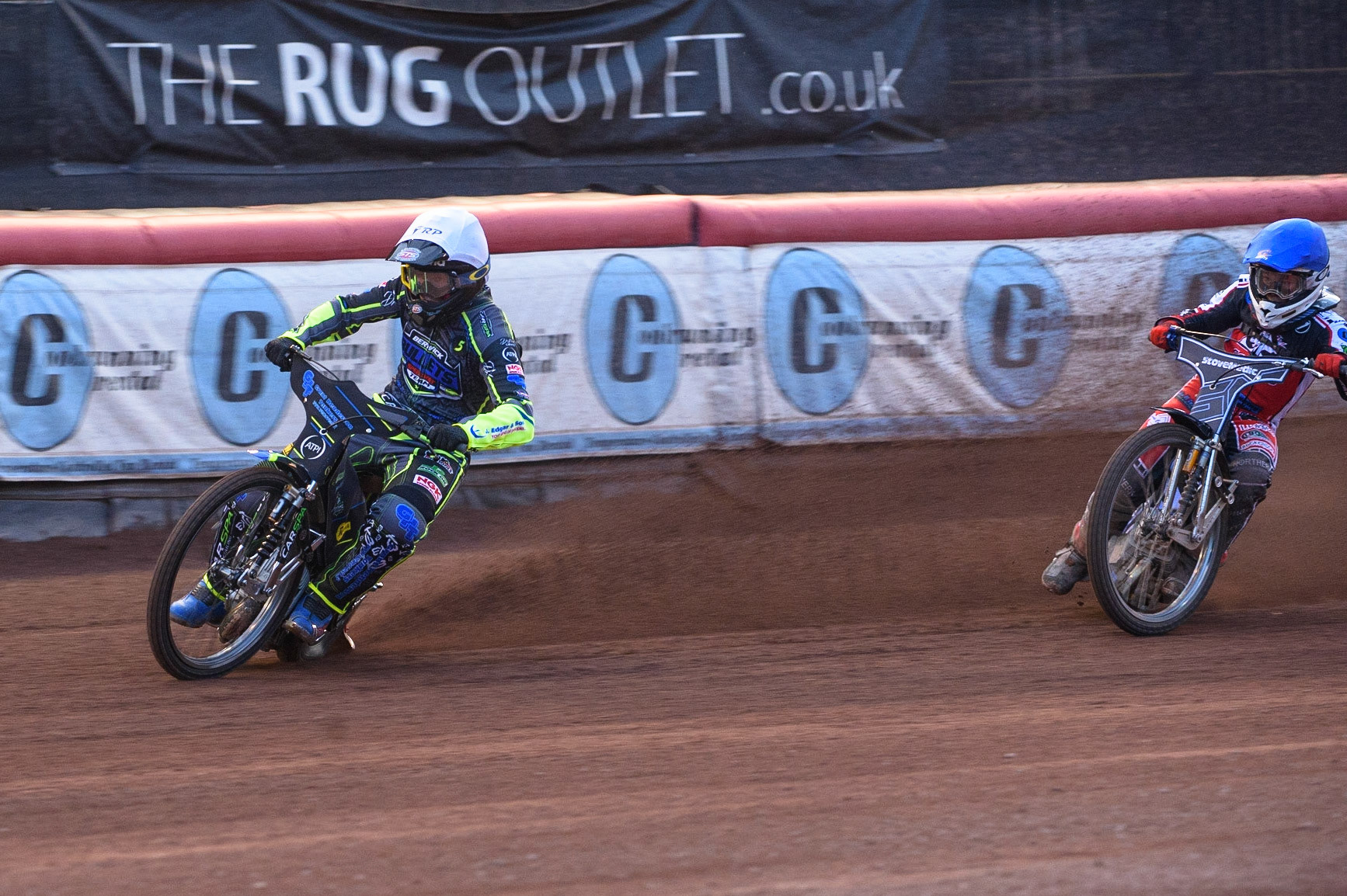 MANCHESTER, UK. MAY 28TH  Kyle Bickley   (White) leads Sam McGurk  (Blue) during the SGB National Development League match between Belle Vue Colts and Berwick Bullets at the National Speedway Stadium, Manchester on Friday 28th May 2021. (Credit: Ian Charles | MI News)