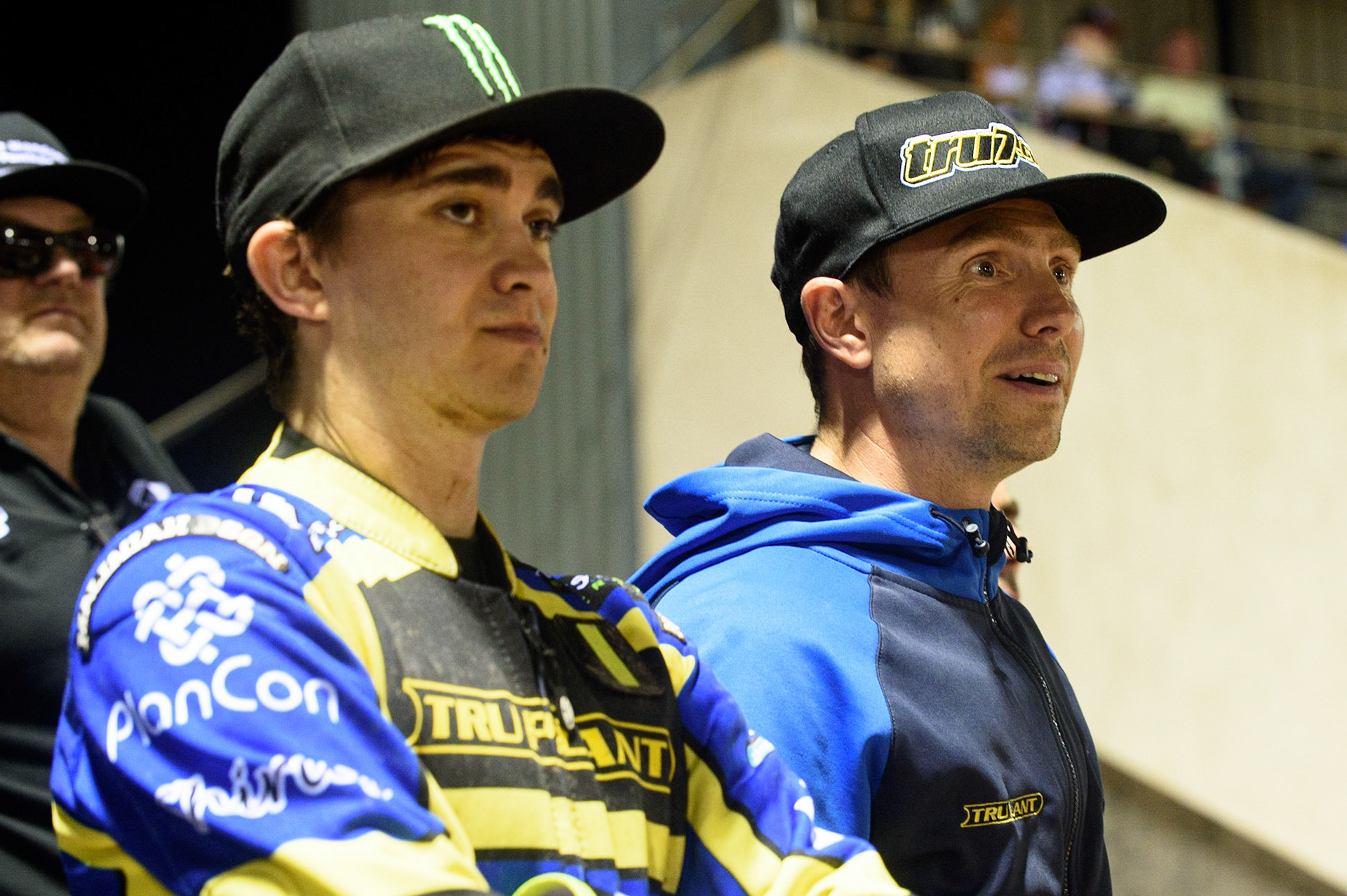 MANCHESTER, UK. SEPT 6TH  Jack Holder  (left) and Sheffield TruPlant Tigers  manager Simon Stead  watch the racing during the SGB Premiership match between Belle Vue Aces and Sheffield Tigers at the National Speedway Stadium, Manchester on Monday 6th September 2021. (Credit: Ian Charles | MI News)