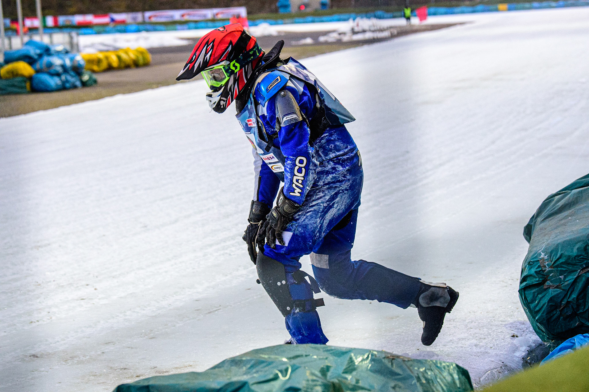 Reinhard Greisel after his fall in heat 5 during the German Individual Ice Speedway Championship at Horst-Dohm-Eisstadion, Berlin on Friday 3rd March 2023. (Photo: Ian Charles | MI News)
