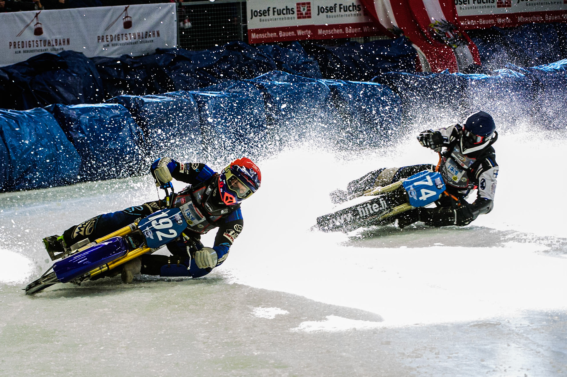 Niclas Svensson (192) (Red) leads Mats Järf (74) (Blue) during the Ice Speedway Gladiators World Championship Final 1 at Max-Aicher-Arena, Inzell, Germany on Saturday 18th March 2023. (Photo: Ian Charles | MI News)
