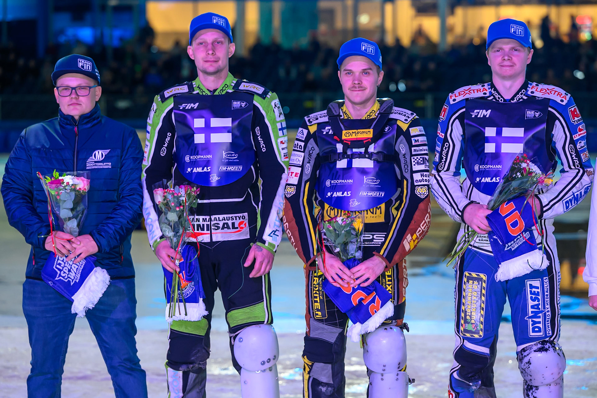 Finland: Aki-Pekka Mustonen, Team Manager of Finland, Arttu Lehitinen, Heikki Huusko, Max Koivula of Finland during the FIM Ice Speedway Of Nations at Ice Rink Thialf, Heerenveen on Sunday 12th April 2026. (Photo: Ian Charles | MI News)