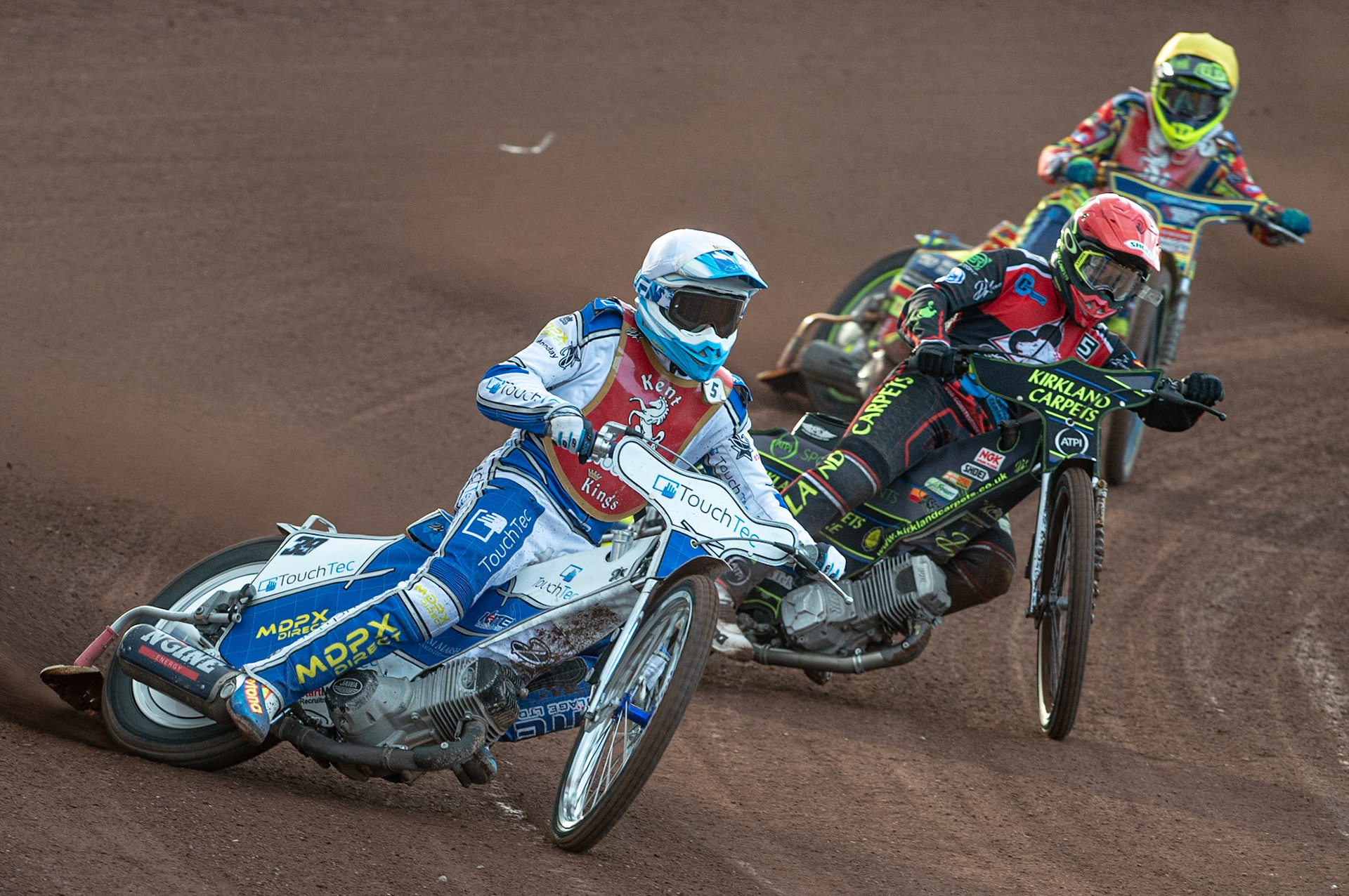 Photo: Ian Charles

Rob Ledwith (White) leads Kyle Bickley  (Red) and Nathan Ablitt  (Yellow)

Belle Vue Colts v Kent Kings, SGB National League KO Cup Quarter Final 1st Leg, Belle Vue National Speedway Stadium, Manchester, Thursday 20  June  2019