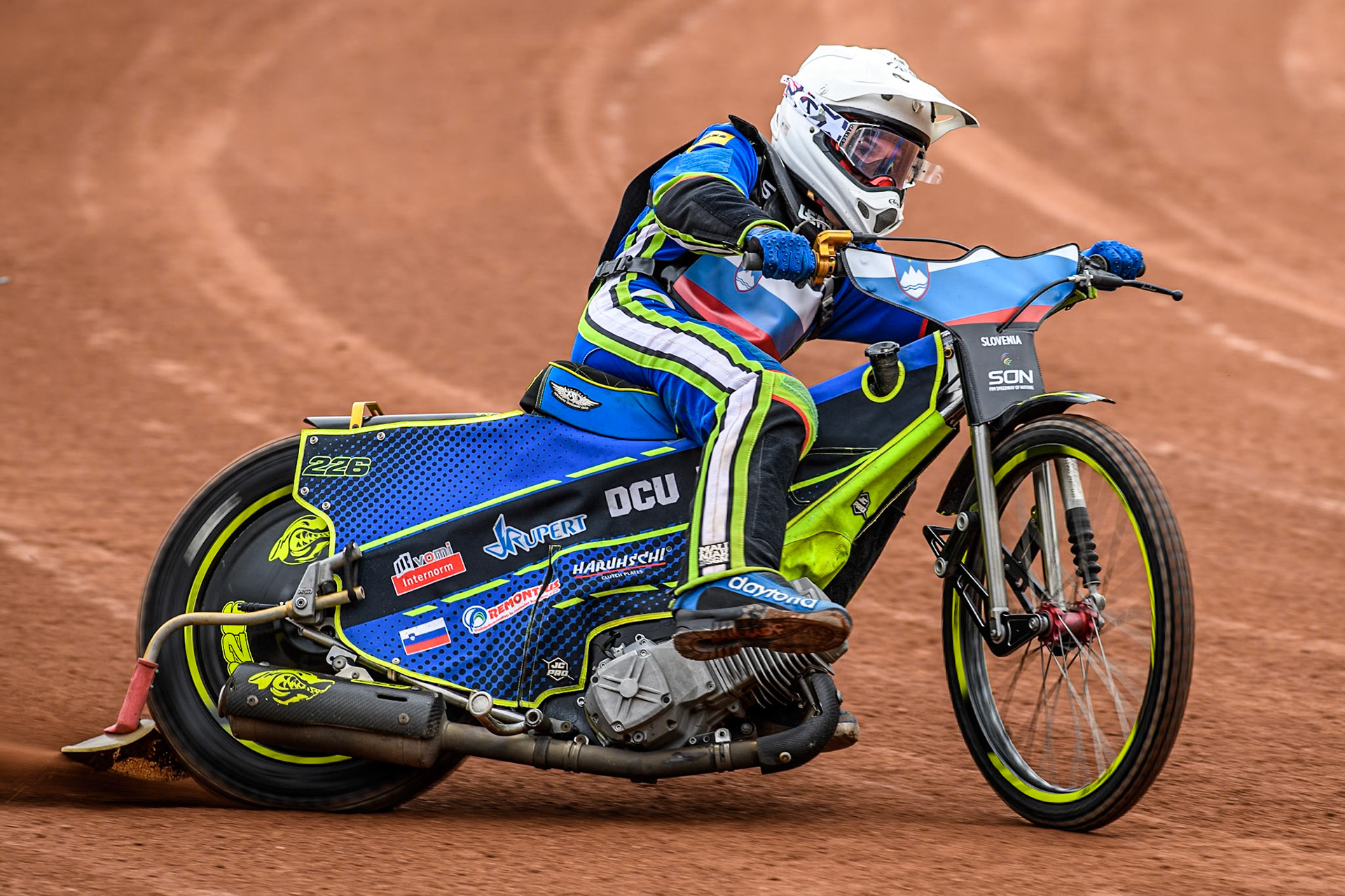 Anze Grmek of Slovenia practices during the Monster Energy FIM Speedway of Nation Semi Final 2 at the National Speedway Stadium, Manchester on Wednesday 10th July 2024. (Photo: Ian Charles | MI News)