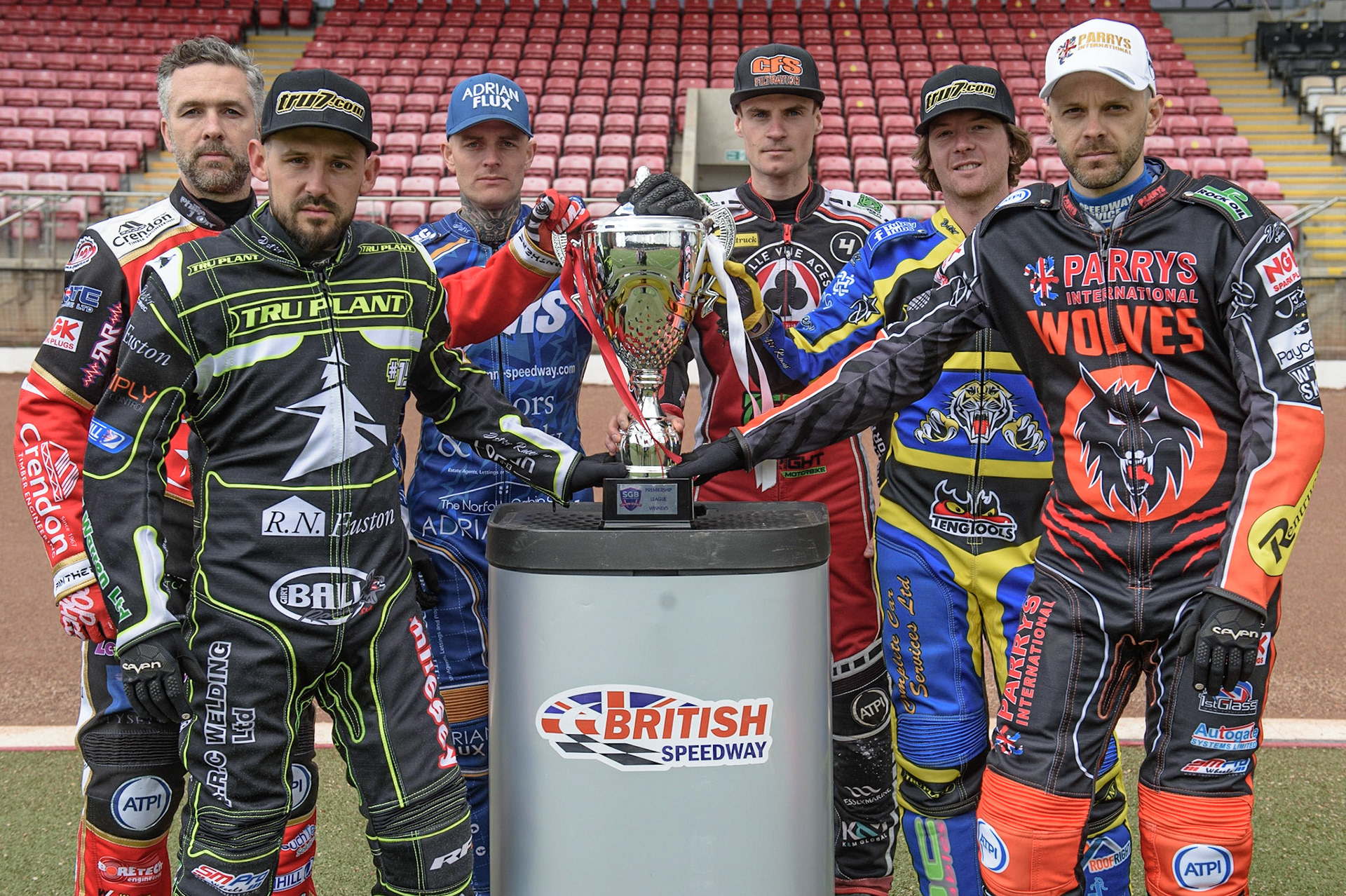 Photo: Ian CharlesHands on the trophy: (l-r) Scott Nichols, Danny King, Lewis Kerr, Steve Worrall, Kyle Howarth, and Rory SchleinDiscovery Networks Eurosport Speedway Season Launch, National Speedway Stadium, Manchester Wednesday  12  May  2021