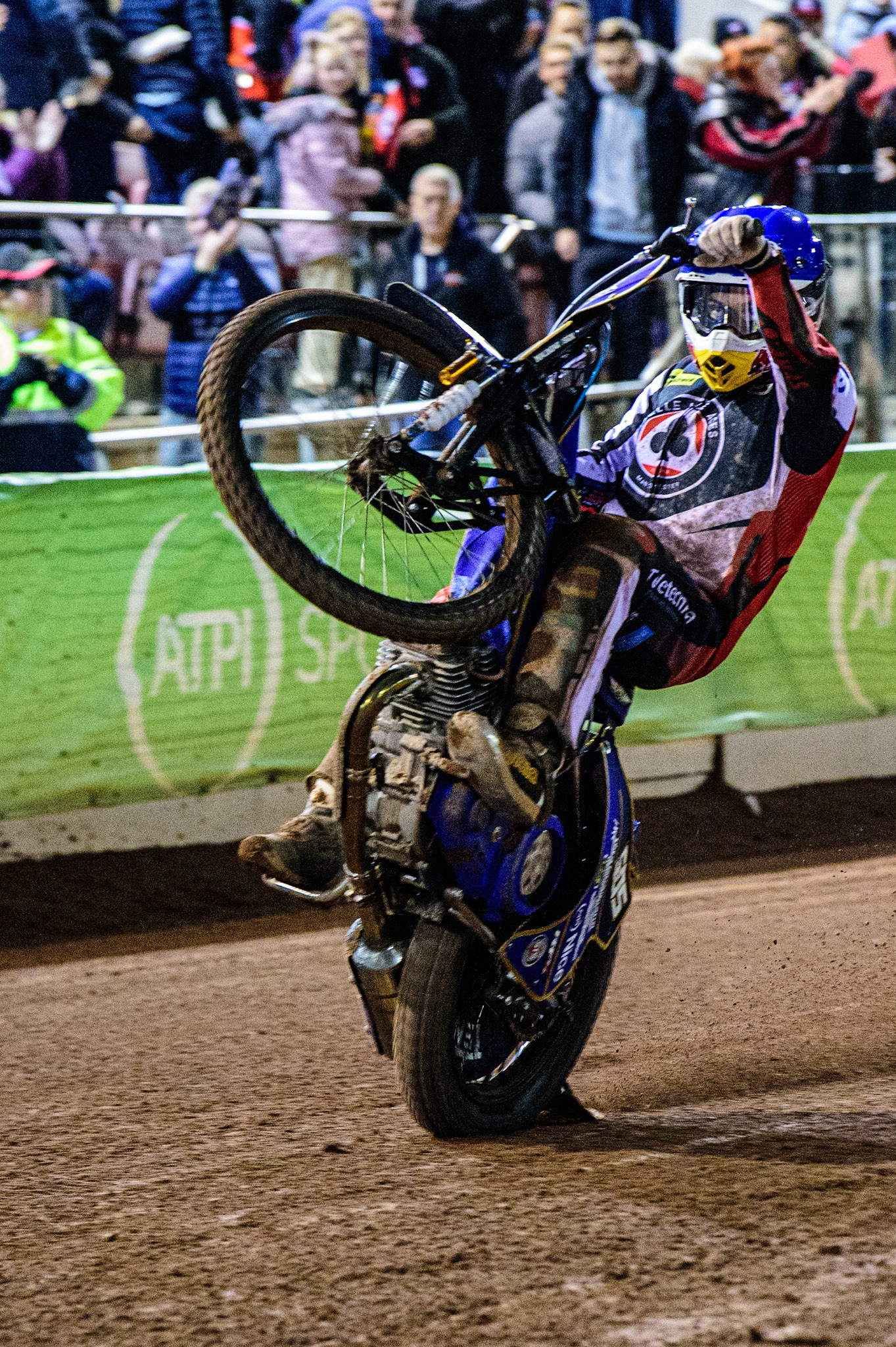 Robert Lambert  celebrates with a wheelie during the SGB Premiership Grand Final 1st leg between Belle Vue Aces and Sheffield Tigers at the National Speedway Stadium, Manchester on Monday 10th October 2022. (Credit: Ian Charles | MI News)