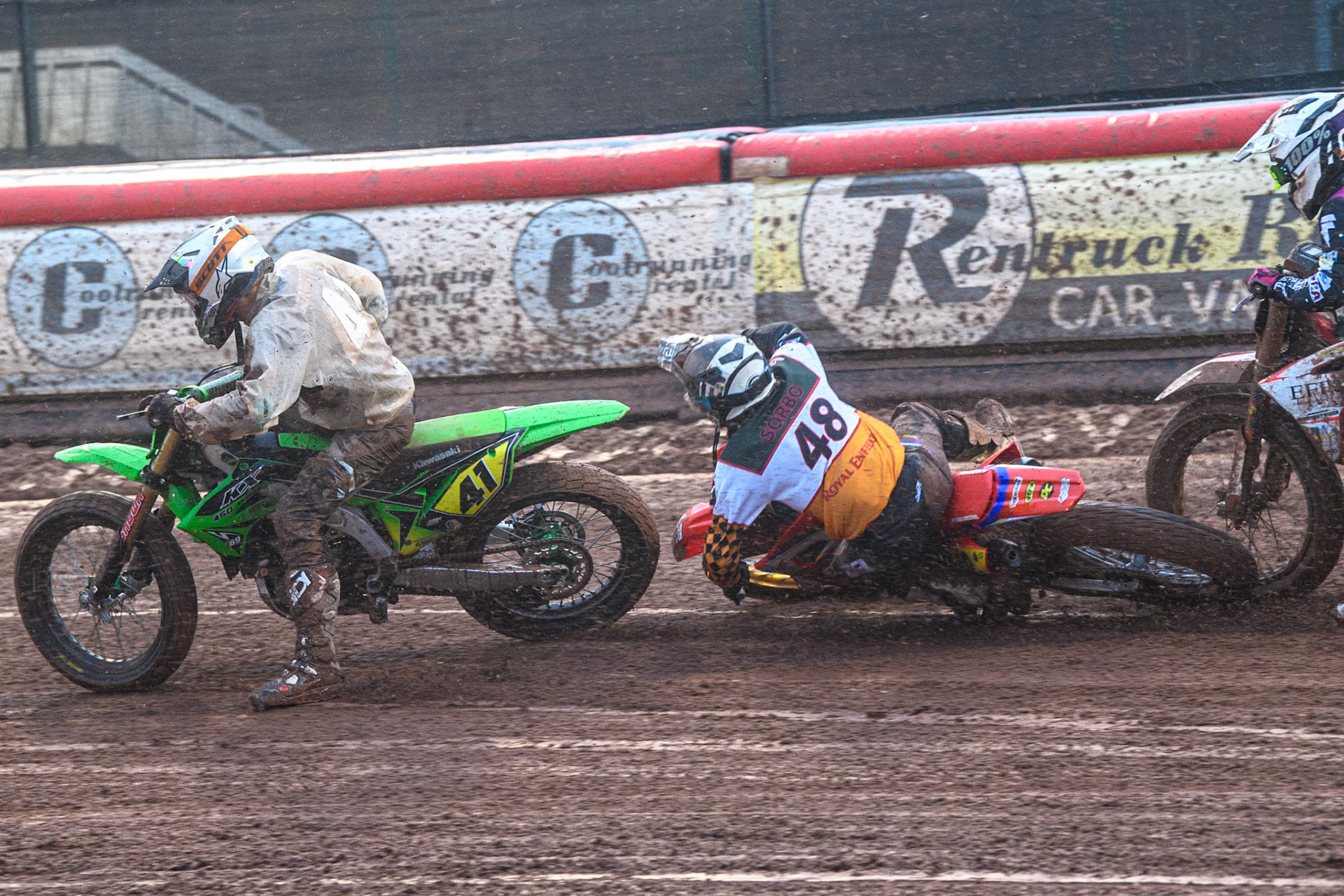 Nico Sorbo (48) from Italy slides off during the FIM World Flat Track Championship Round 1 at the National Speedway Stadium, Manchester on Saturday 5th August 2023. (Photo: Ian Charles | MI News)
