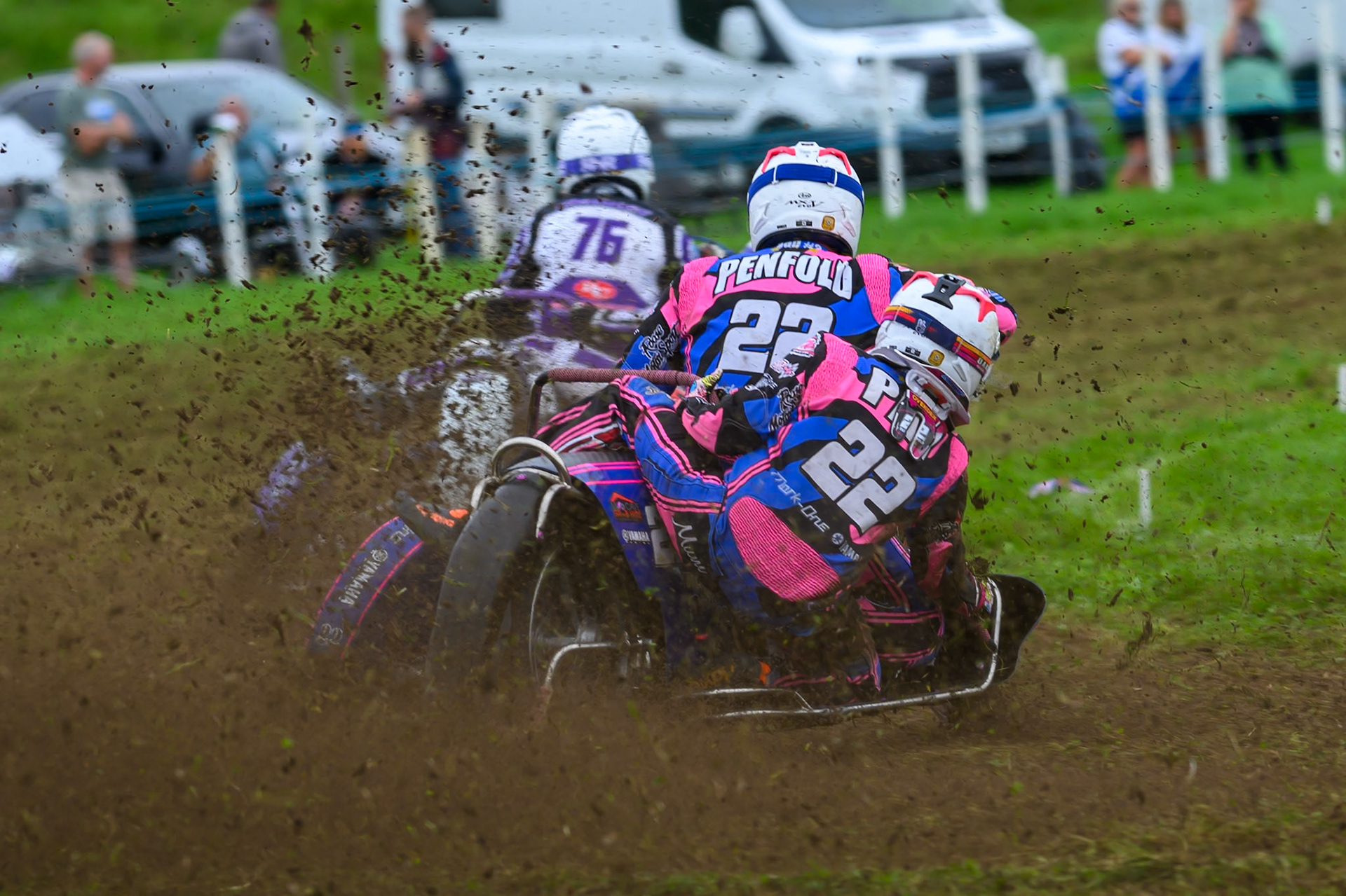 Will Penfold/Ricky Pay (22) chases Simon Beaney/Brook Fowler (76) during practice for  the British Masters Grasstrack Championship at Lower Marsh Farm, Much Hoole, Preston in Lancashire, England on Sunday 13th September 2026. (Photo: Ian Charles | MI News)