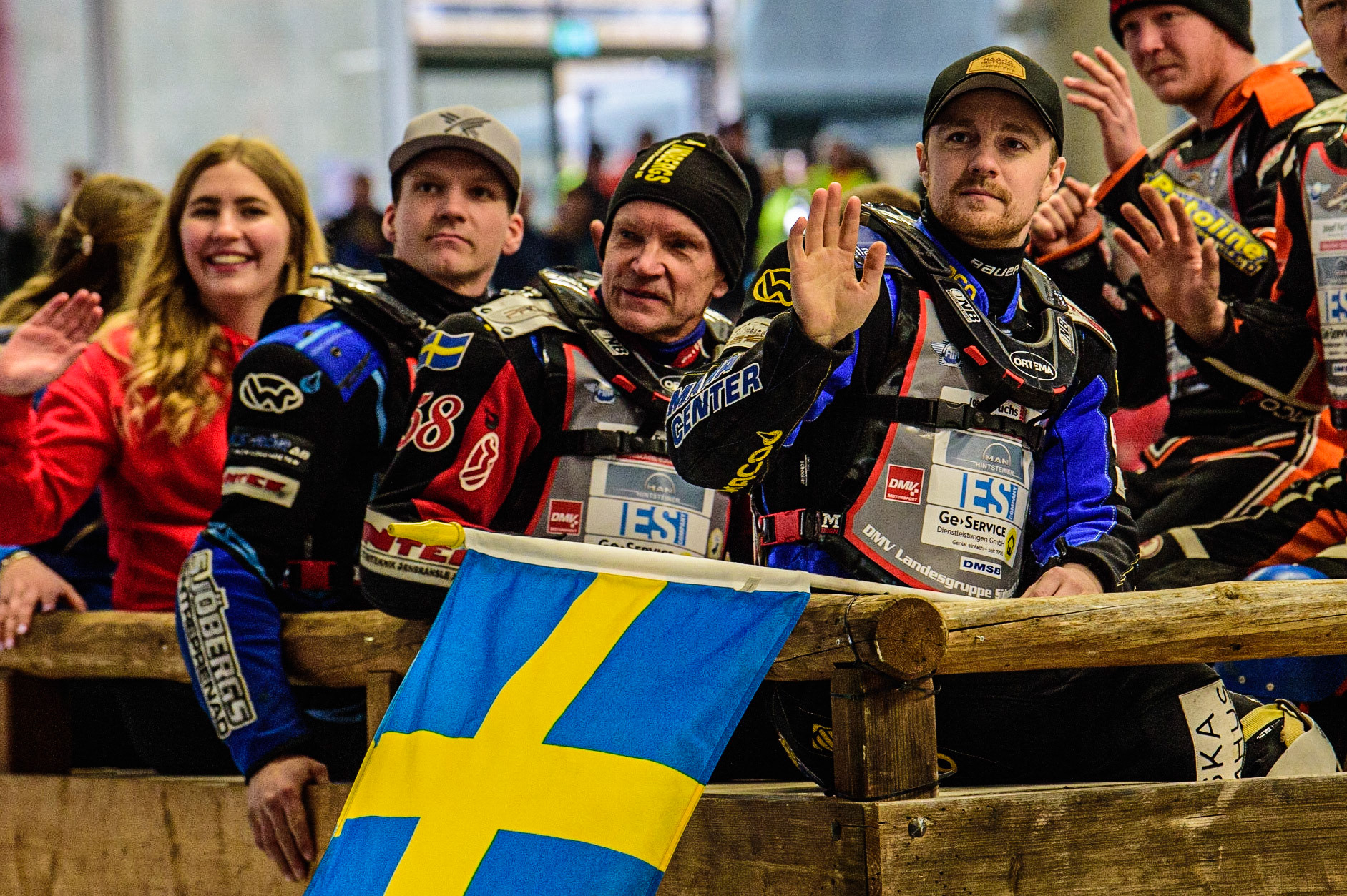 (l-r) Niclas Svensson, Stefan Svensson and Martin Haarahiltunen on the pre-meeting parade during the Ice Speedway Gladiators World Championship Final 2 at Max-Aicher-Arena, Inzell, Germany on Sunday 19th March 2023. (Photo: Ian Charles | MI News)