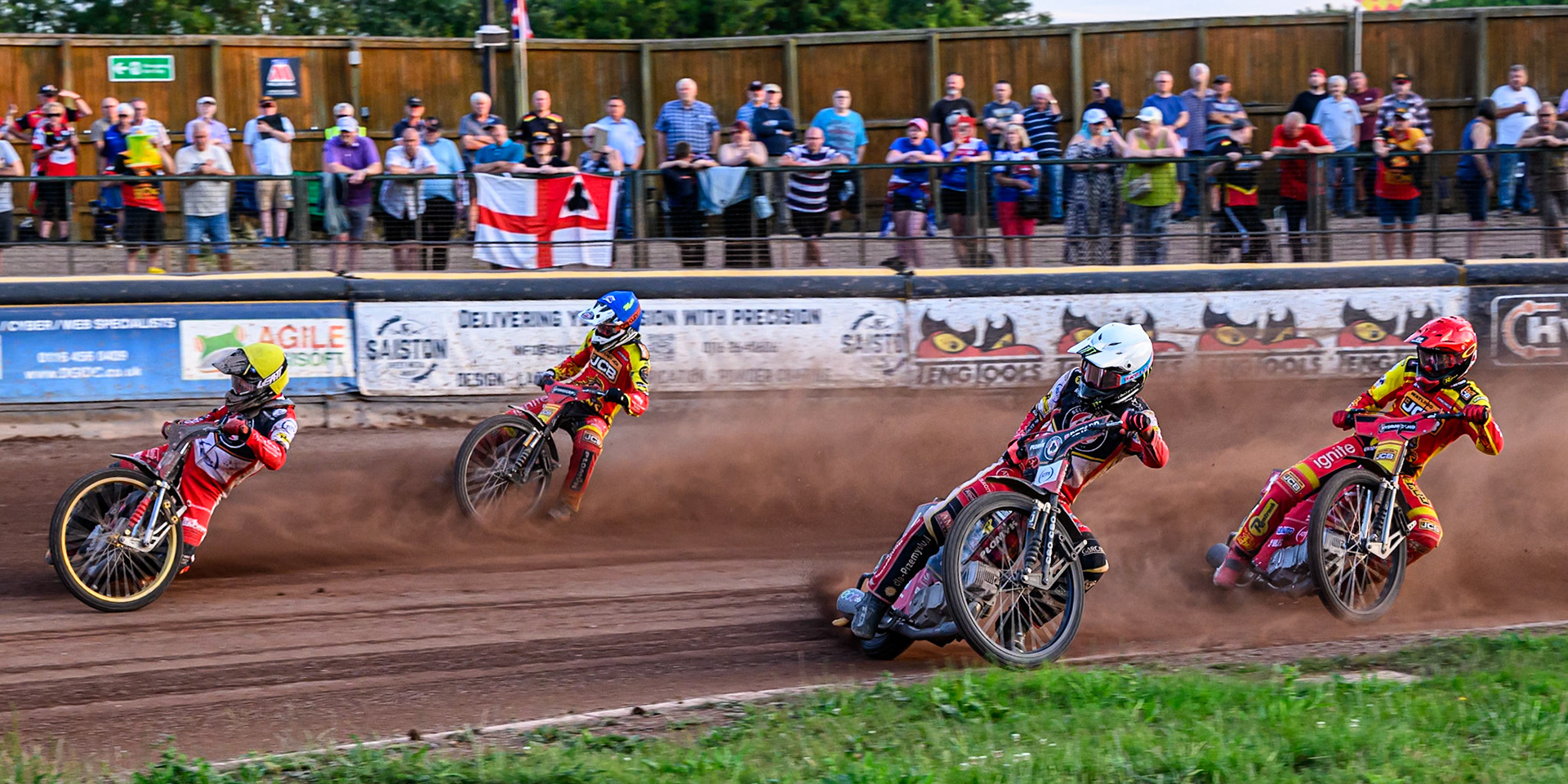 Belle Vue Aces' Dan Bewley in White and Belle Vue Aces' Norick Blodorn in Yellow leading Leicester Lions' Max Fricke in Red and Leicester Lions' Sam Masters in Blue during the Rowe Motor Oil Premiership match between Leicester Lions and Belle Vue Aces at the Hydroscand Arena, Leicester on Thursday 19th June 2025. (Photo: Ian Charles | MI News)