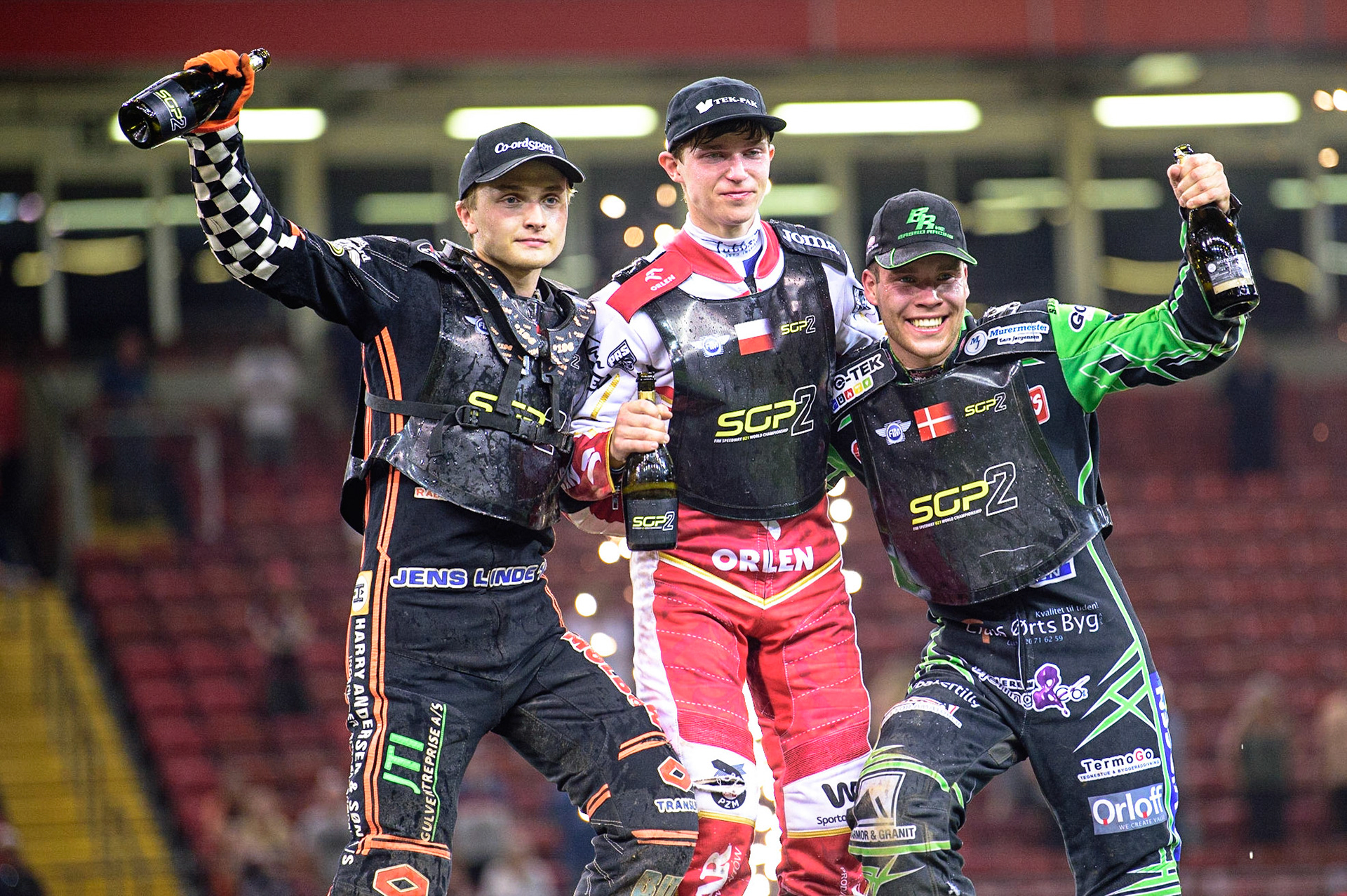 Top 3: (l - r) Kevin Juhl Pedersen (Denmark)   (2nd), Mateusz Cierniak (Poland)  (1st)Benjamin Basso (Denmark)  (3rd) during the FIM  Speedway Grand Prix  2 of Great Britain at the Principality Stadium, Cardiff on Sunday 14th August 2022. (Credit: Ian Charles | MI News)
