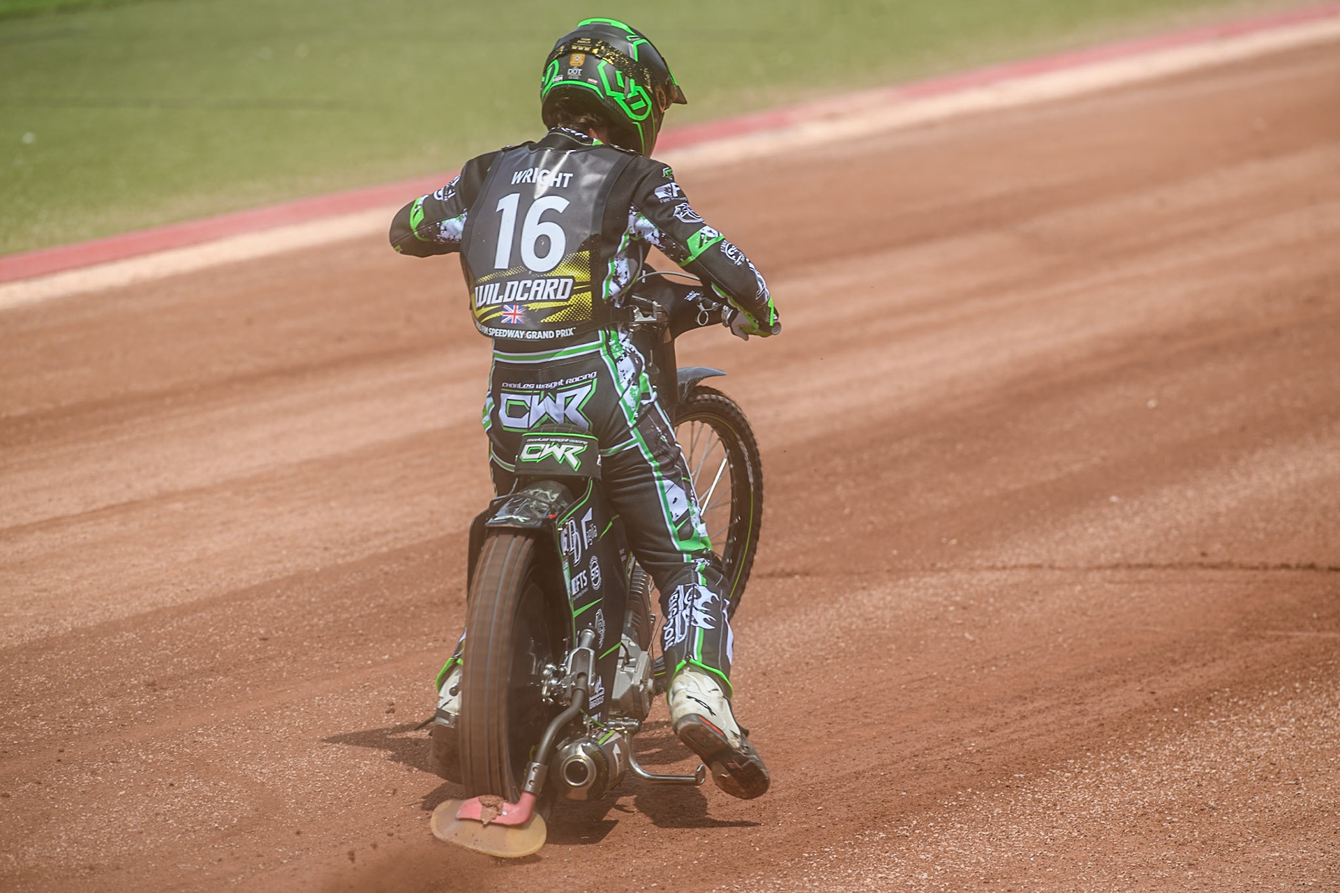 Wild Card Charles Wright (16) of Great Britain does a practice start during the ATPI FIM Speedway Grand Prix Round 4 at the National Speedway Stadium, Manchester, on Friday 6th June 2025. (Photo: Ian Charles | MI News)