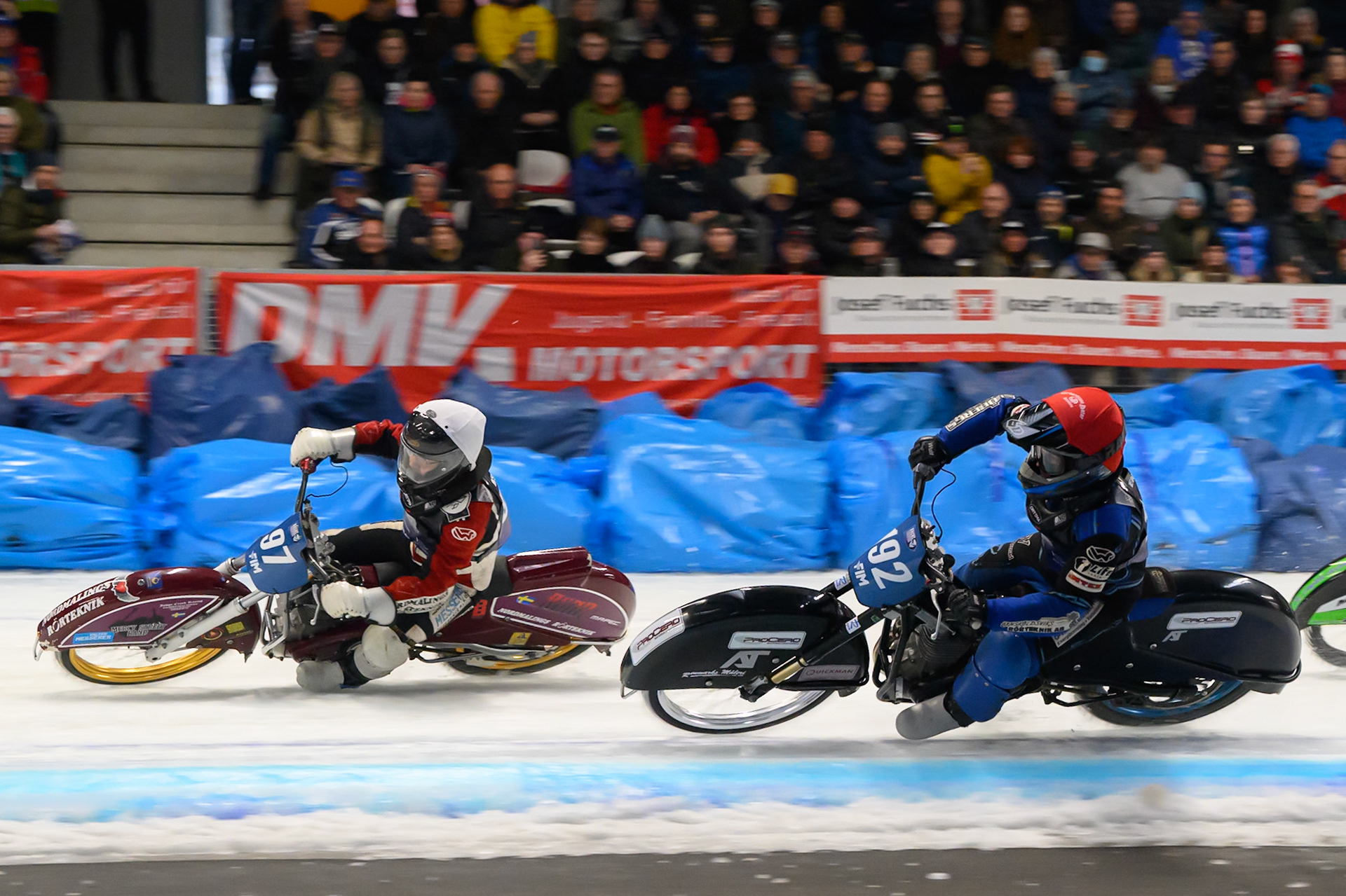 Niclas Svensson (192) of Sweden  in Red rides inside Ove Ledström (97) of Sweden in White during the Ice Speedway Gladiators World Championship Final 2 at Max-Aicher-Arena, Inzell on Sunday 15th March 2026. (Photo: Ian Charles | MI News)
