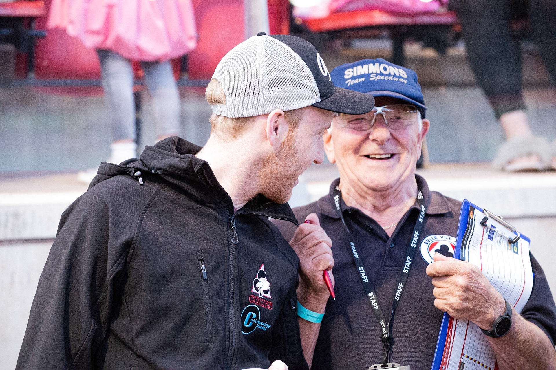 Photo: Ian Charles

Paul Bowen chats with former Buxton manager Jack Lee

Belle Vue Colts v Leicester Cubs, SGB National League, Belle Vue National Speedway Stadium, Manchester, Thursday 8  August  2019