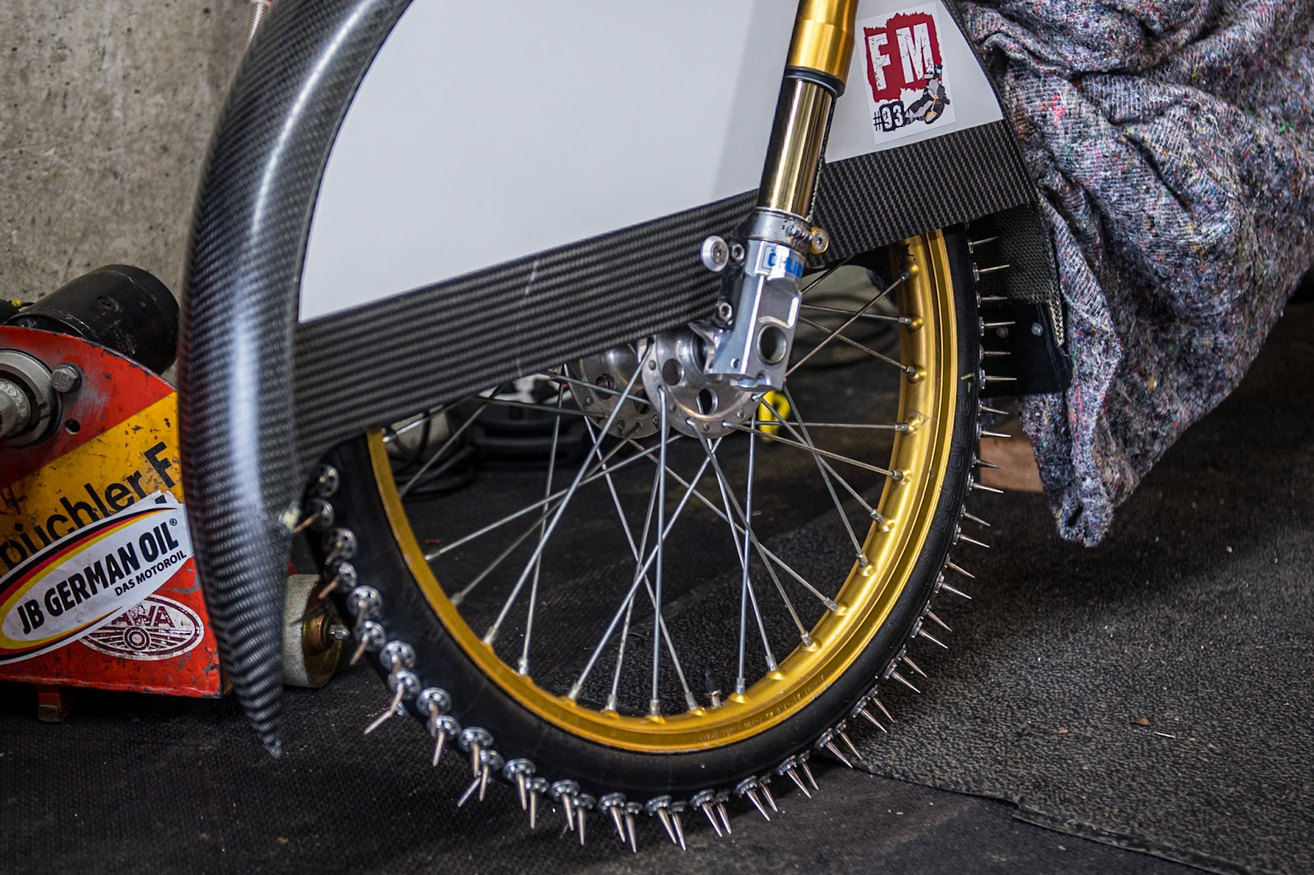 Spikes on a, Ice Speedway Bike wheel during the Ice Speedway Gladiators World Championship Final 2 at Max-Aicher-Arena, Inzell on Sunday 16th March 2025. (Photo: Ian Charles | MI News)