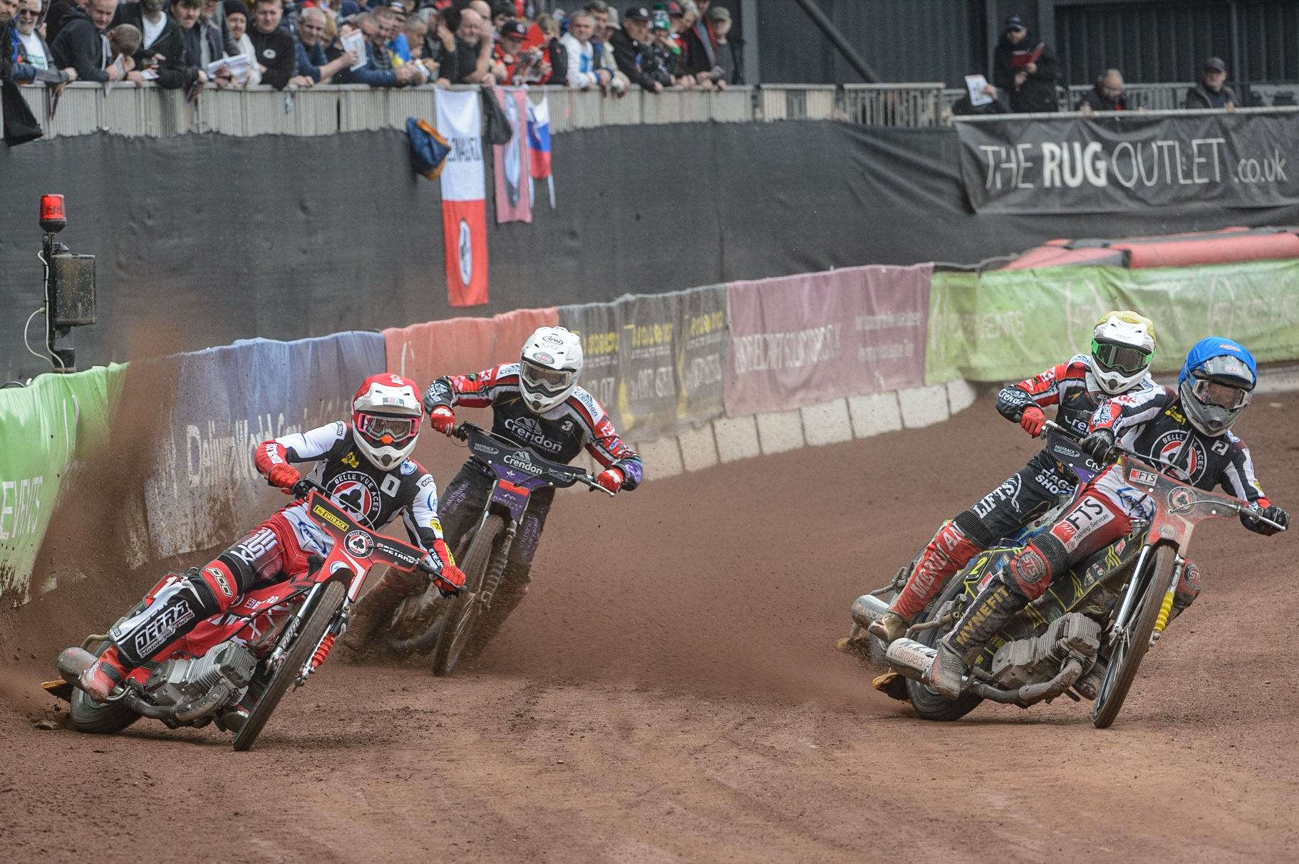 MANCHESTER, UK. MAY 2ND  Max Fricke  (Red) and Jye Etheridge   (Blue) leads Ulrich Ostergaard  (White) and Hans Andersen   (Yellow) during the SGB Premiership match between Belle Vue Aces and Peterborough at the National Speedway Stadium, Manchester on Monday 2nd May 2022. (Credit: Ian Charles | MI News)