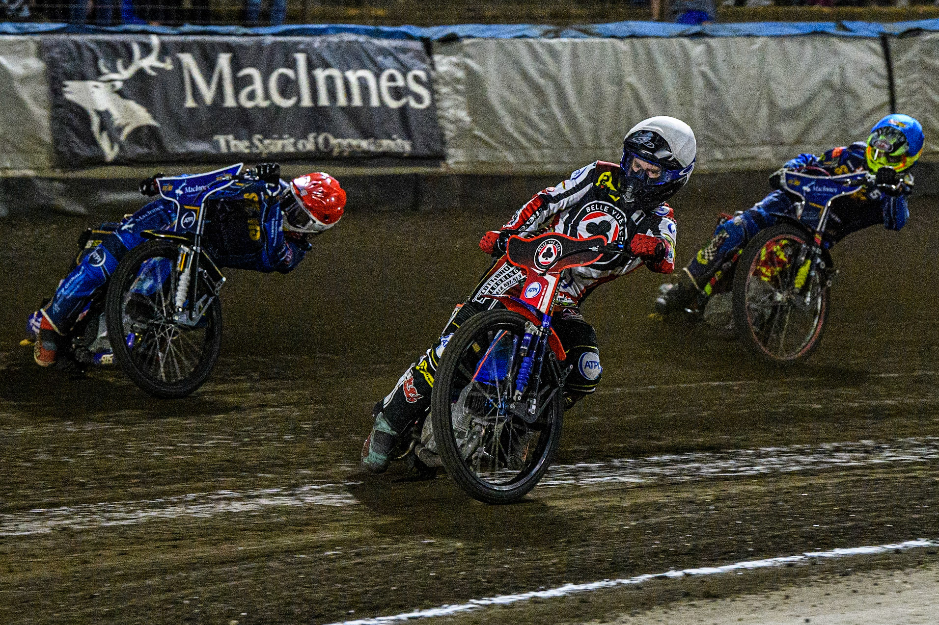 Brady Kurtz  (White) inside Robert Lambert  (Red) with Michael Palm Toft  (Blue) behind during the Sports Insure Premiership match between King's Lynn Stars and Belle Vue Aces at the Adrian Flux Arena, King's Lynn on Thursday 24th August 2023. (Photo: Ian Charles | MI News)
