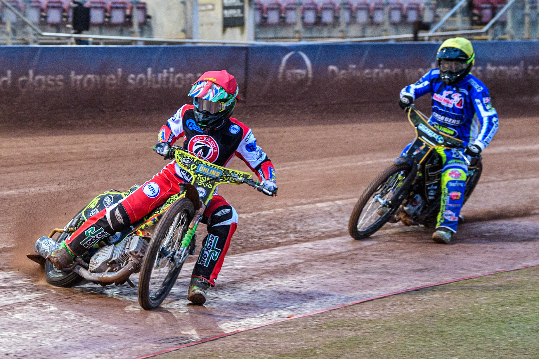 Belle Vue Colts' William Cairns  in Red leading Oxford Chargers' Ashton Vale  in Yellow during the WSRA National Development League match between Belle Vue Colts and Oxford Chargers at the National Speedway Stadium, Manchester on Friday 2nd August 2024. (Photo: Ian Charles | MI News)