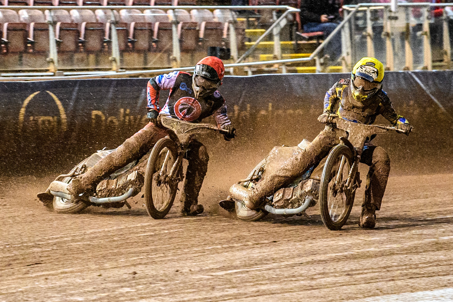 Belle Vue Colts' Matt Marson in Red rides outside Sheffield Cubs' Jamie Etherington in Yellow during the WSRA National Development League match between Belle Vue Colts and Sheffield Tiger Cubs at the National Speedway Stadium, Manchester on Monday 7th October 2024. (Photo: Ian Charles | MI News)
