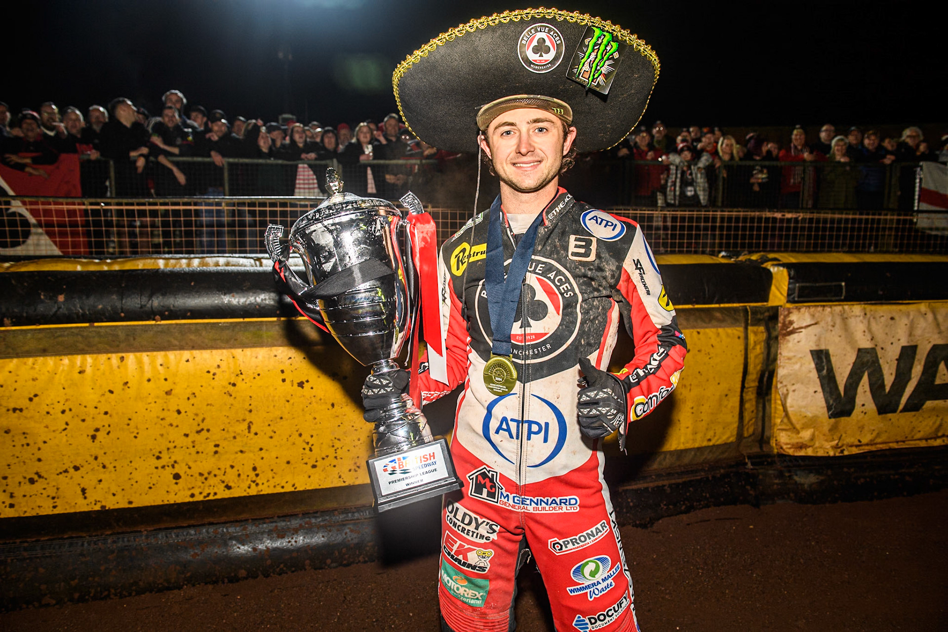 Belle Vue Aces' Jaimon Lidsey  celebrates with the trophy  during the Rowe Motor Oil Premiership Grand Final 2nd Leg between Leicester Lions and Belle Vue Aces at the Pidcock Motorcycles Arena, Leicester on Thursday 26th September 2024. (Photo: Ian Charles | MI News)