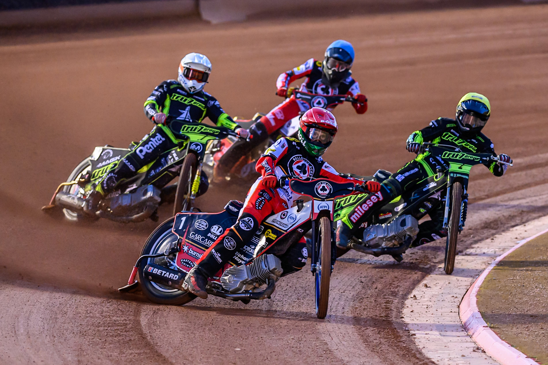 Brady Kurtz of Belle Vue Aces  in Red leading Danny King of Ipswich Witches  in Yellow, Emil Saifutdinov of Ipswich Witches  in White and Norick Blödorn of Belle Vue Aces  in Blue during the Rowe Motor Oil Premiership Play Off Semi Final 1 (1st Leg)  between Belle Vue Aces and Ipswich Witches at the National Speedway Stadium, Manchester on Monday 8th September 2025. (Photo: Ian Charles | MI News)