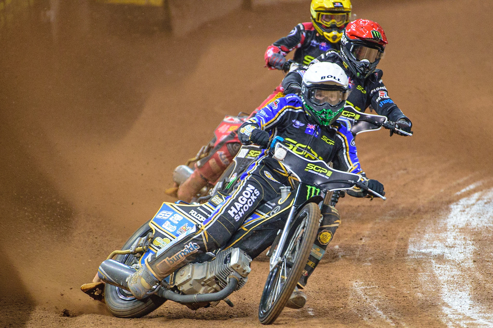 Jason Doyle (69) (White) leads Tai Woffinden (108) (Red) and Max Fricke (46) (Yellow) during the FIM  Speedway Grand Prix of Great Britain at the Principality Stadium, Cardiff on Saturday 13th August 2022. (Credit: Ian Charles | MI News