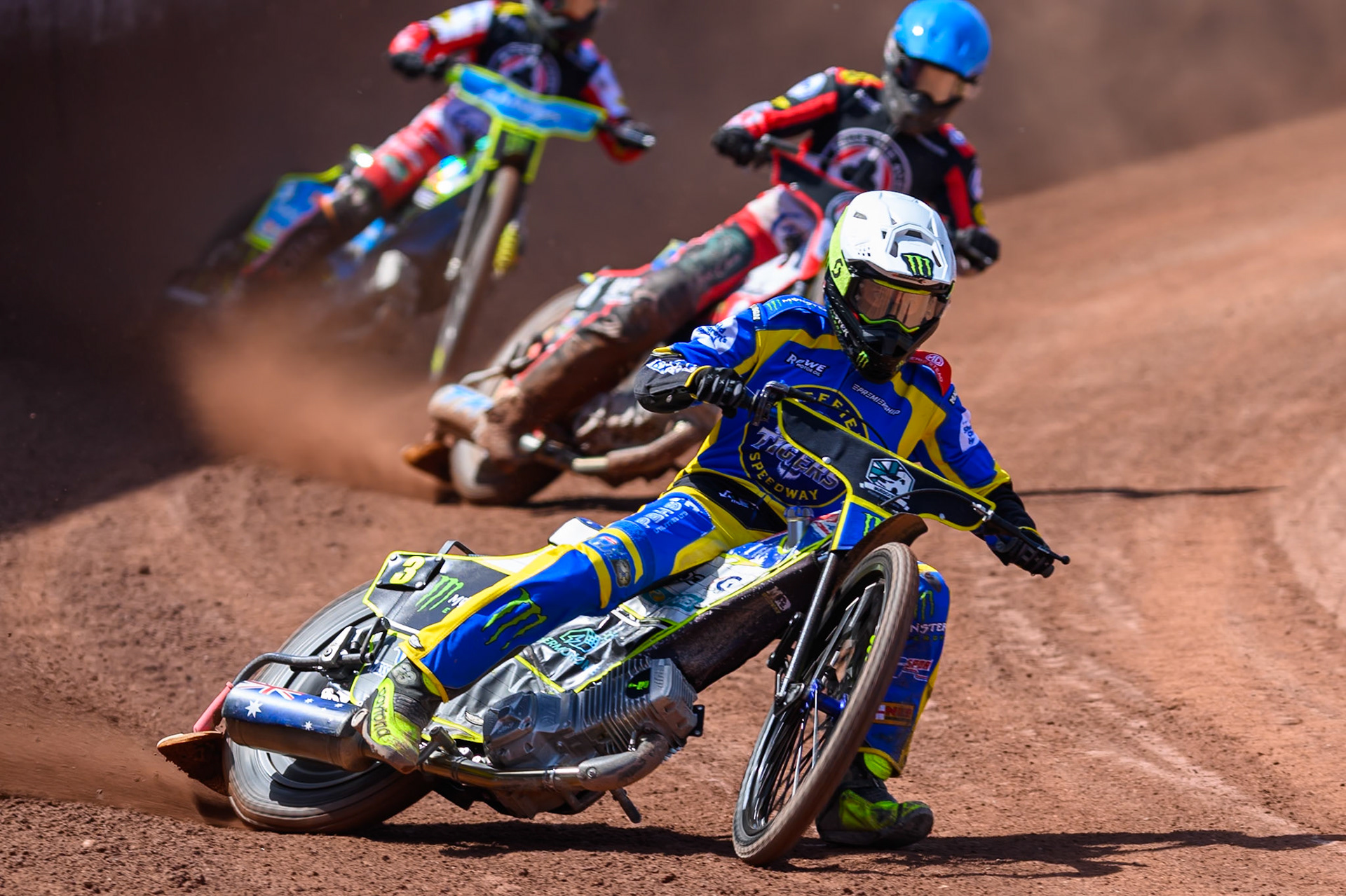 Chris Holder of Sheffield Tigers  in White leading Tate Zischke of Belle Vue Aces in Blue during the Rowe Motor Oil Premiership match between Belle Vue Aces and Sheffield Tigers at the National Speedway Stadium, Manchester on Monday 25th May 2026. (Photo: Ian Charles | MI News)