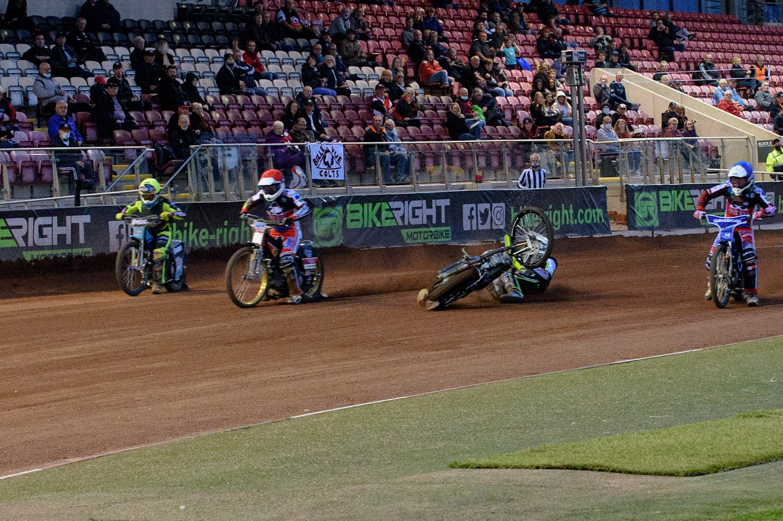 MANCHESTER, UK. MAY 28TH  at the start of heat 14 Ben Rathbone  falls after getting too much drive during the SGB National Development League match between Belle Vue Colts and Berwick Bullets at the National Speedway Stadium, Manchester on Friday 28th May 2021. (Credit: Ian Charles | MI News)