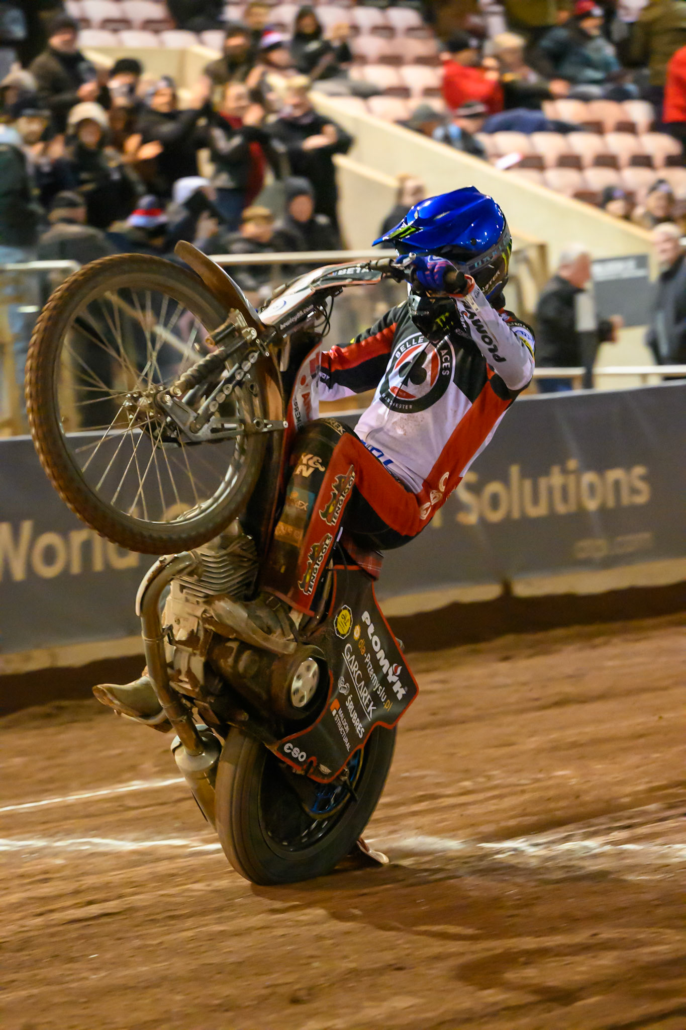 Dan Bewley of Belle Vue Aces   does a wheelie during the Knockout Cup, Northern Section match between Belle Vue Aces and Sheffield Tigers at the National Speedway Stadium, Manchester on Monday 30th March 2026. (Photo: Ian Charles | MI News)
