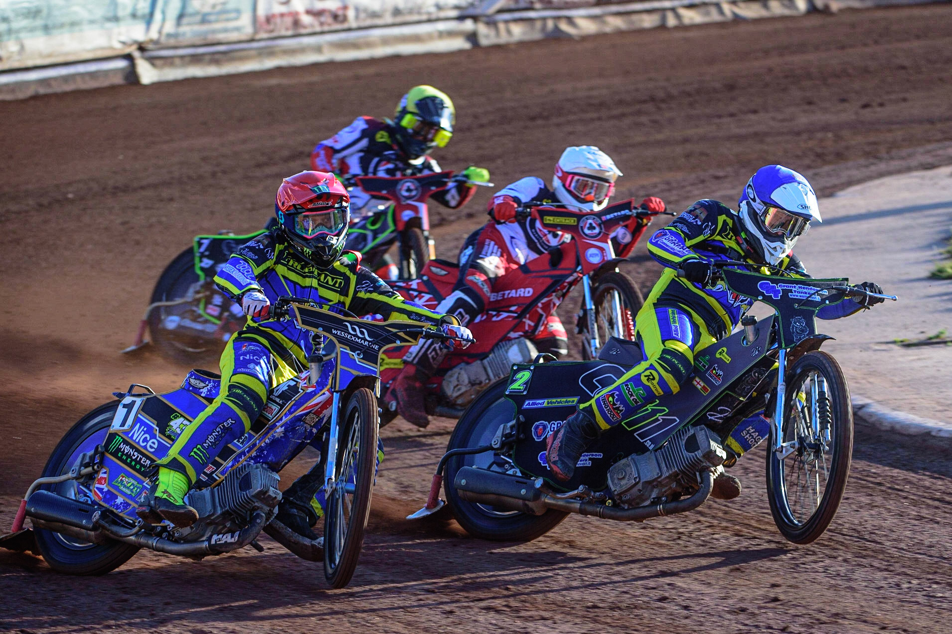 SHEFFIELD, UK. MAY 26TH  Jack Holder (Red) and Craig Cook (Blue) lead Max Fricke  (White) and Tom Brennan  (Yellow) during the SGB Premiership match between Sheffield Tigers and Belle Vue Aces at Owlerton Stadium, Sheffield on Thursday 26th May 2022. (Credit: Ian Charles | MI News)