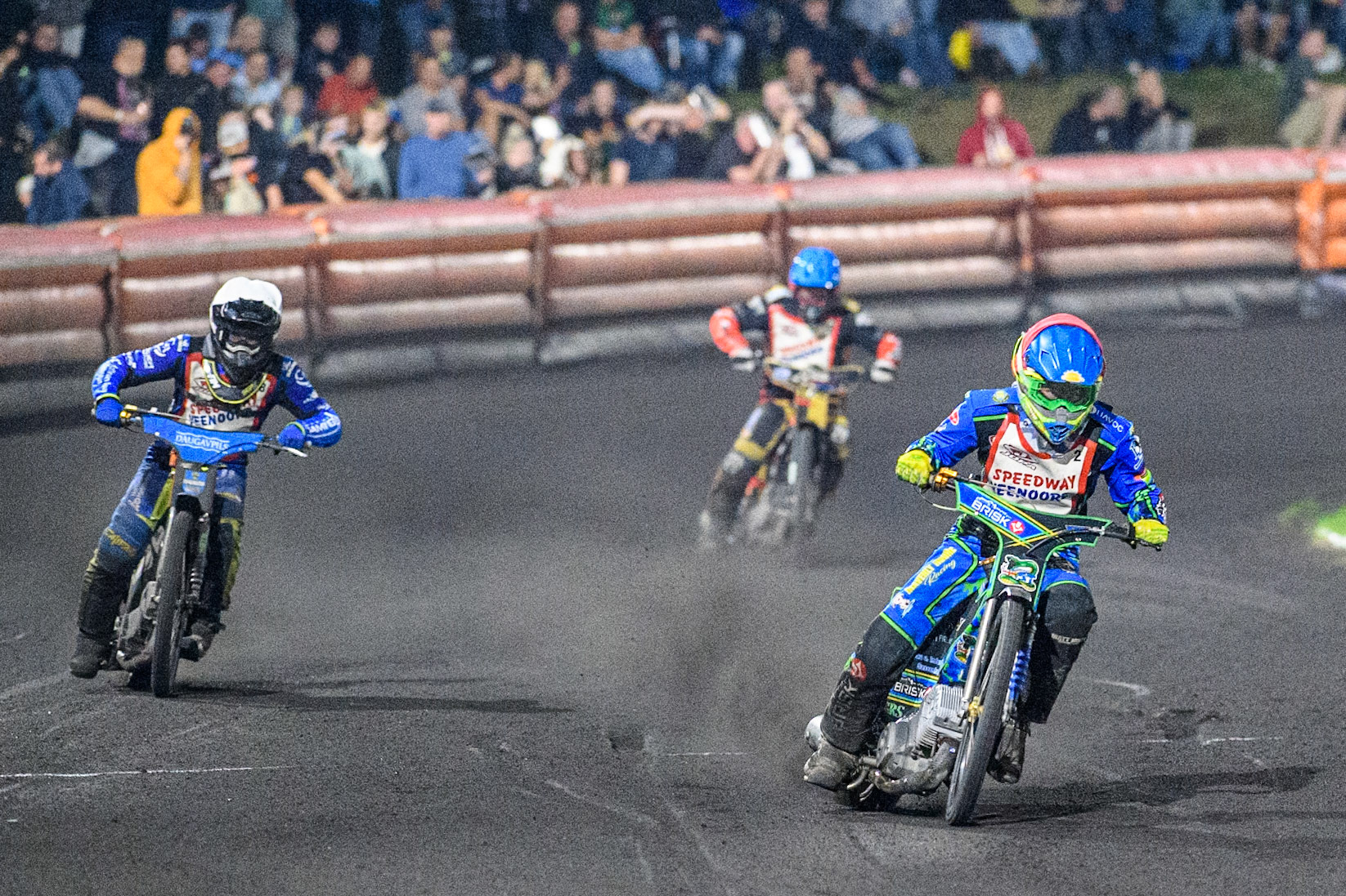 Michael West of Australia in Red leading Artjoms Juhno of Latvia in White and Ruben Guikema of The Netherlands \in Blue during the Golden JOPA Helmet at Sportpark Veenoord, Veenoord, Netherlands on Saturday 21st September 2024. (Photo: Ian Charles | MI News)