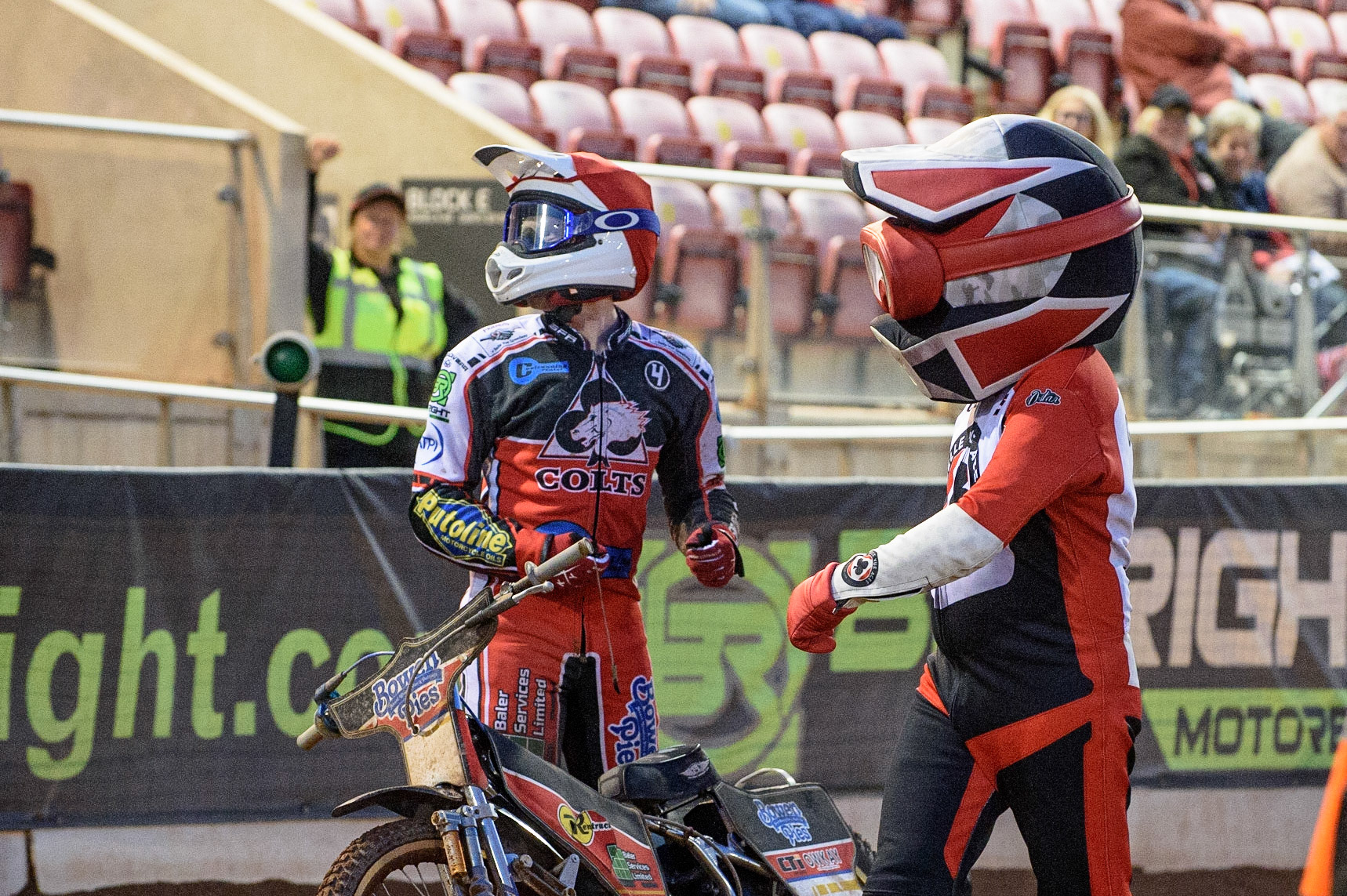 MANCHESTER, UK. JULY 29TH  Belle Vue Cool Running Colts  mascot Chase The Ace with Paul Bowen   during the National Development League match between Belle Vue Colts and Leicester Lion Cubs at the National Speedway Stadium, Manchester on Thursday 29th July 2021. (Credit: Ian Charles | MI News)