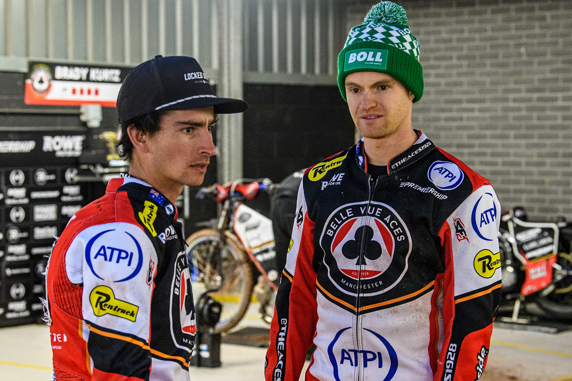 Belle Vue Aces' Zack Cook (Left) chats with Belle Vue Aces' Brady Kurtz during the Rowe Motor Oil Premiership match between Belle Vue Aces and Oxford Spires at the National Speedway Stadium, Manchester on Monday 14th April 2025. (Photo: Ian Charles | MI News)