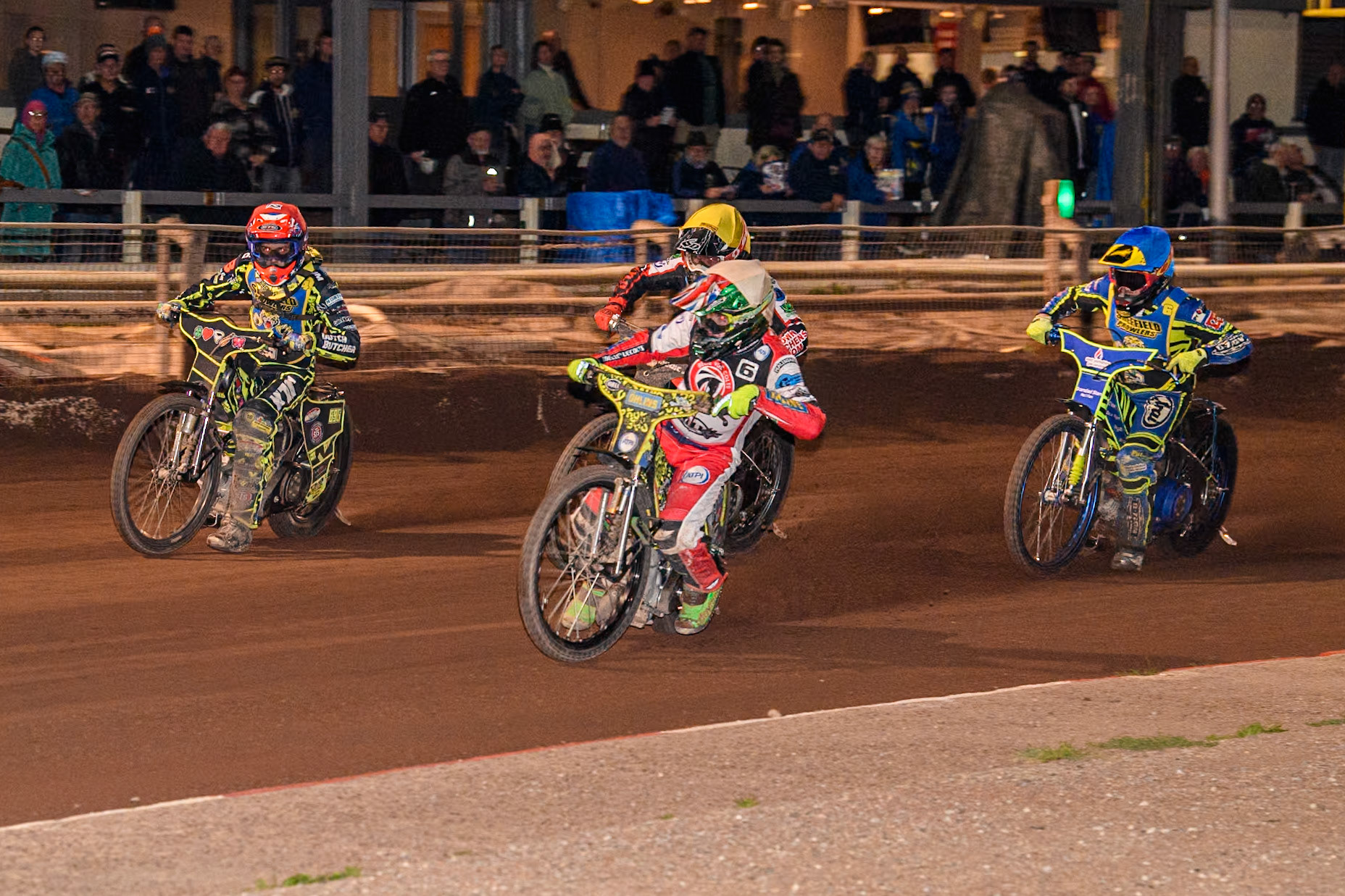 Belle Vue Colts' William Cairns  in White leading Belle Vue Colts' Harry McGurk  in Yellow Sheffield Tiger Cubs' Ace Pijper  in Red and Sheffield Tiger Cubs' Jamie Etherington in Blue during the WSRA National Development League match between Sheffield Tiger Cubs and Belle Vue Colts at Owlerton Stadium, Sheffield on Thursday 12th September 2024. (Photo: Ian Charles | MI News)