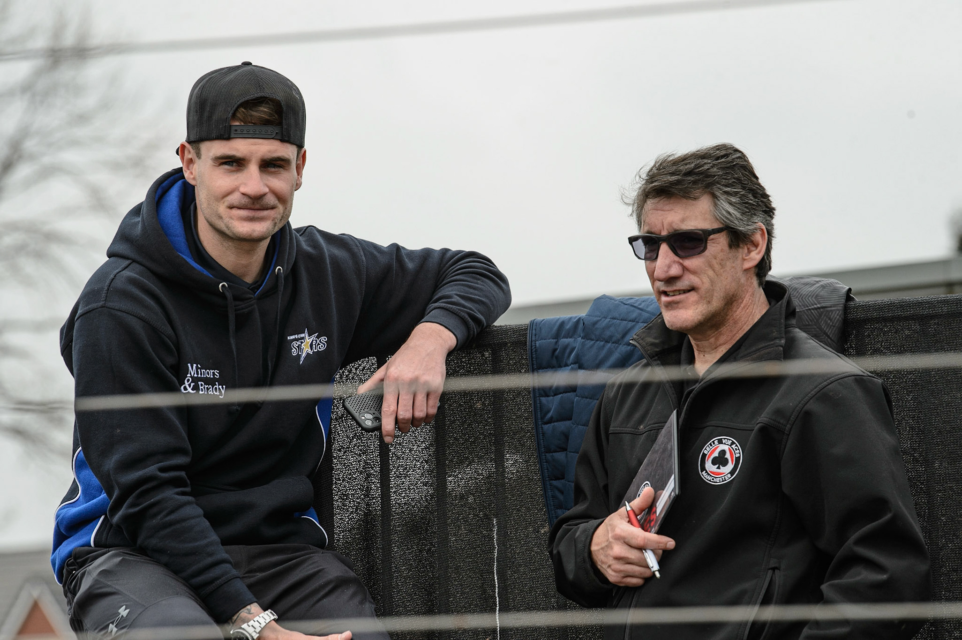 MANCHESTER, UK. MAY 2ND Kings Lynn rider Richie Worrall with Belle Vue ATPI Aces  team manager Mark Lemon   during the SGB Premiership match between Belle Vue Aces and Peterborough at the National Speedway Stadium, Manchester on Monday 2nd May 2022. (Credit: Ian Charles | MI News)