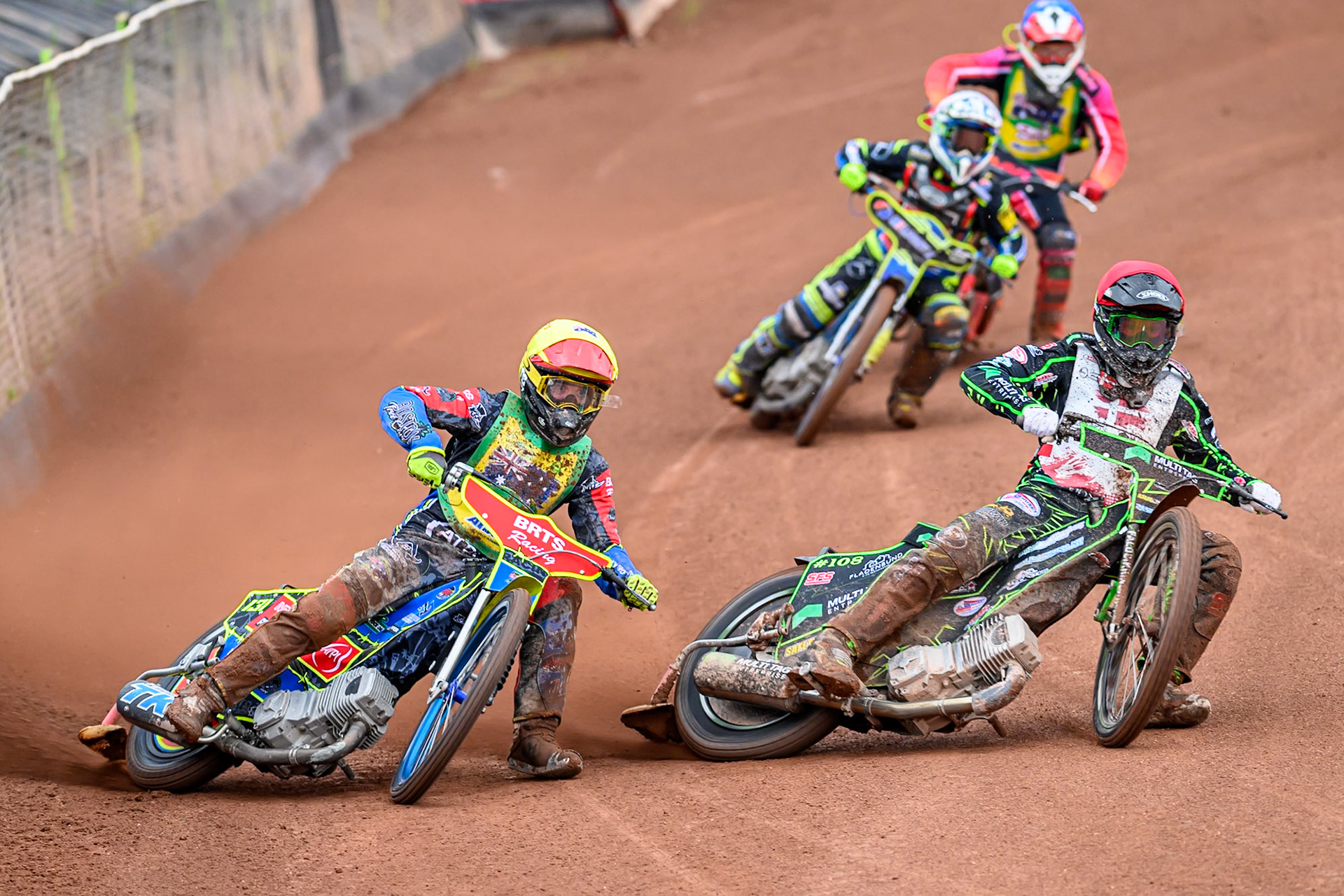 Tate Zischke of Australia in Yellow rides outside Villads Nagel of Denmark in Red with Patricia Erhart of Germany in White and Alex Adamson of Australia in Blue behind during the FIM SGP2 Qualifying Round at the Peugeot Ashfield Stadium in Glasgow on Saturday 24th May 2025. (Photo: Ian Charles | MI News)