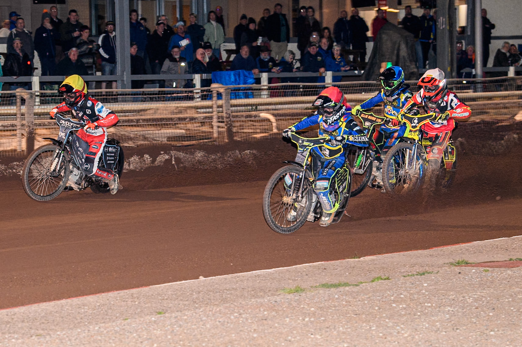 Sheffield Tiger Cubs' Nathan Ablitt  in Red leading Belle Vue Colts' Guest Rider Max James  in White Sheffield Tiger Cubs' Luke Harrison  in Blue and Belle Vue Colts' Freddy Hodder  in Yellow during the WSRA National Development League match between Sheffield Tiger Cubs and Belle Vue Colts at Owlerton Stadium, Sheffield on Thursday 12th September 2024. (Photo: Ian Charles | MI News)