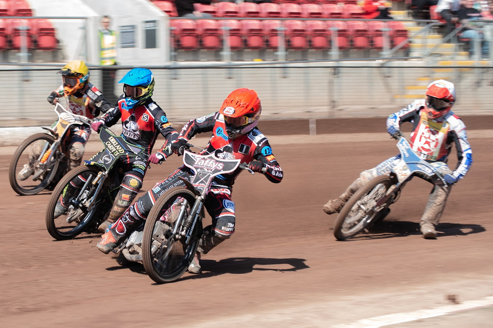 Photo: Ian Charles

Leon Flint (Red) and Kyle Bickley (Blue) lead Connor Coles (Yellow) and Tom Perry (White)

Belle Vue Colts v Stoke Potters, National League, Belle Vue National Speedway Stadium, Manchester, Friday 19  April  2019