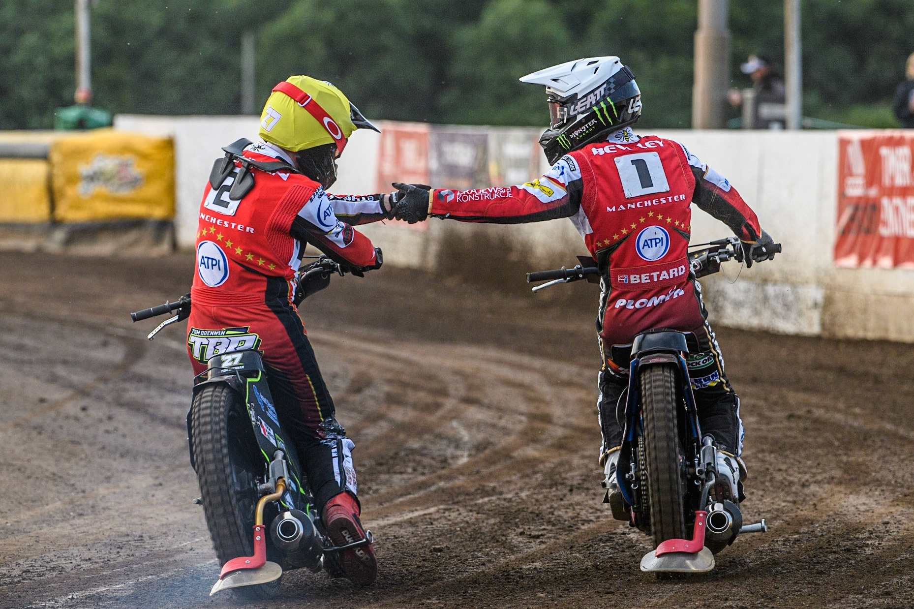 Tom Brennan (Yellow) and Dan Bewley celebrate their maximum points heat win during the Sports Insure Premiership match between Peterborough and Belle Vue Aces at East of England Showground, Peterborough on Monday 26th June 2023. (Photo: Ian Charles | MI News)