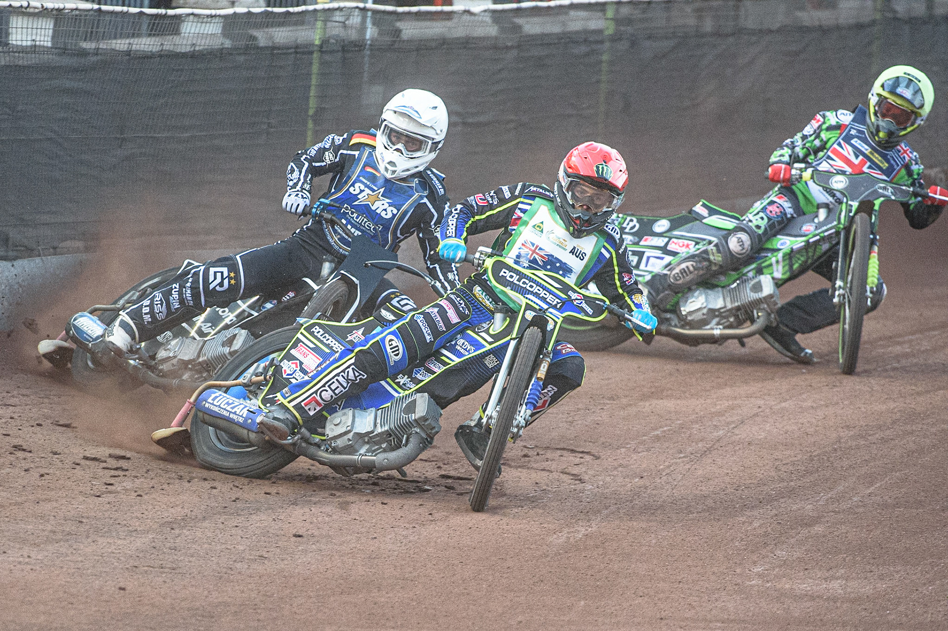 GLASGOW, UK. JUNE 19TH.  Jaimon Lidsey (Australia) (Red) leads Erik Riss (Germany) (White) and Charles Wright (Great Britain) (Yellow) during the FIM Speedway Grand Prix Qualifying Round at the Peugeot Ashfield Stadium, Glasgow on Saturday 19th June 2021. (Credit: Ian Charles | MI News)