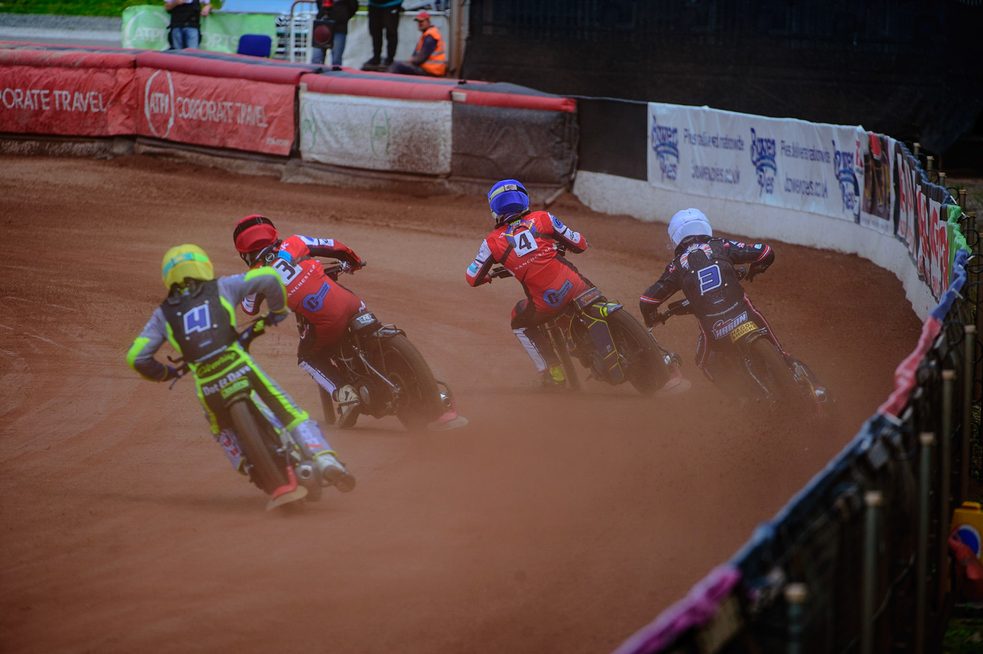 MANCHESTER, UK.  JUN 3RD Jacob Clouting  (Yellow) and Sam Hagon  chase Harry McGurk  (Red) and Nathan Ablitt  (Blue)  during the National Development League match between Belle Vue Colts and Oxford Chargers at the National Speedway Stadium, Manchester on Friday 3rd June 2022. (Credit: Ian Charles | MI News)