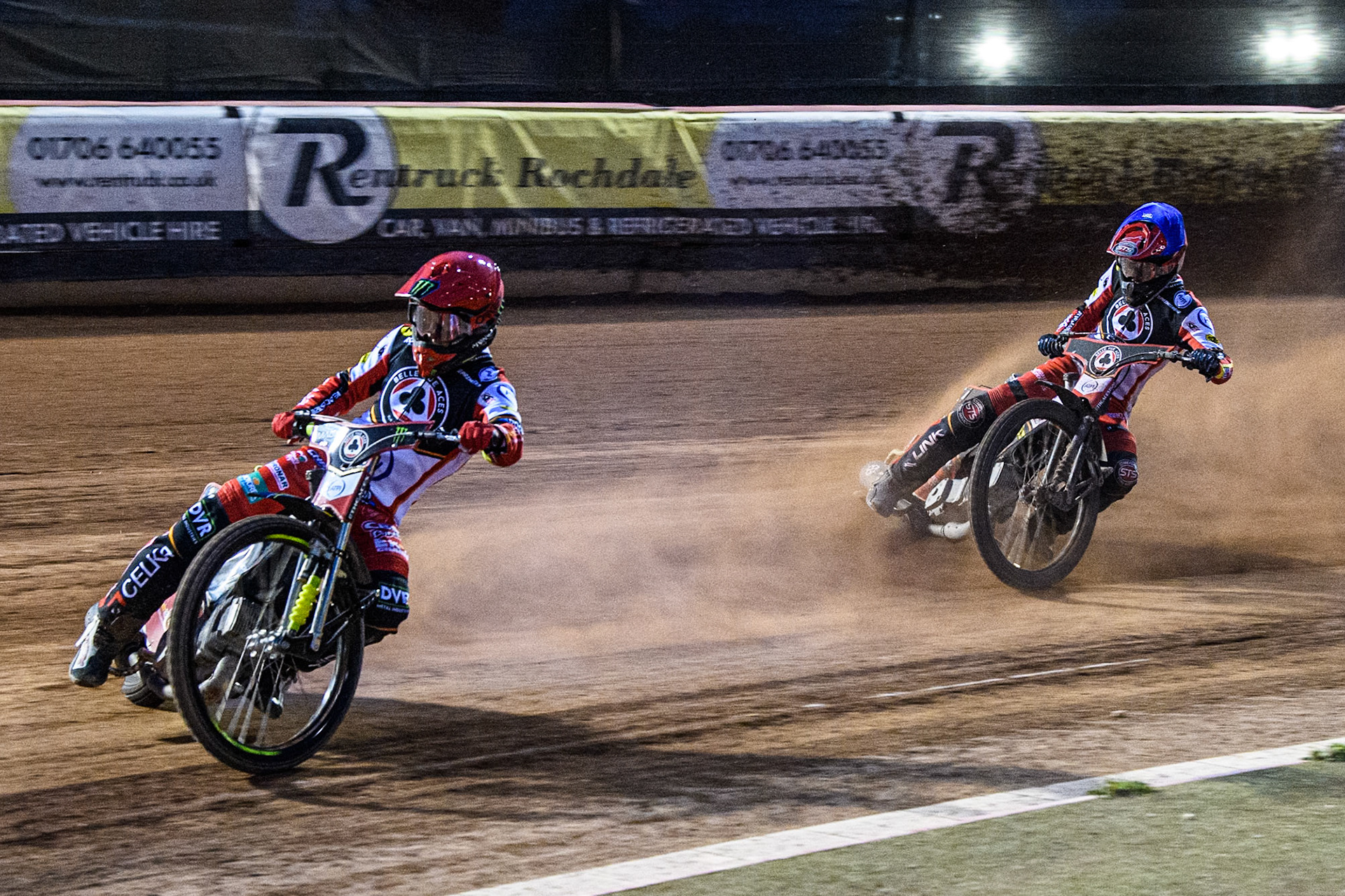 Belle Vue Aces' Jaimon Lidsey in Red leading team mate Zack Cook in Blue during the Rowe Motor Oil Premiership match between Belle Vue Aces and Oxford Spires at the National Speedway Stadium, Manchester on Monday 14th April 2025. (Photo: Ian Charles | MI News)