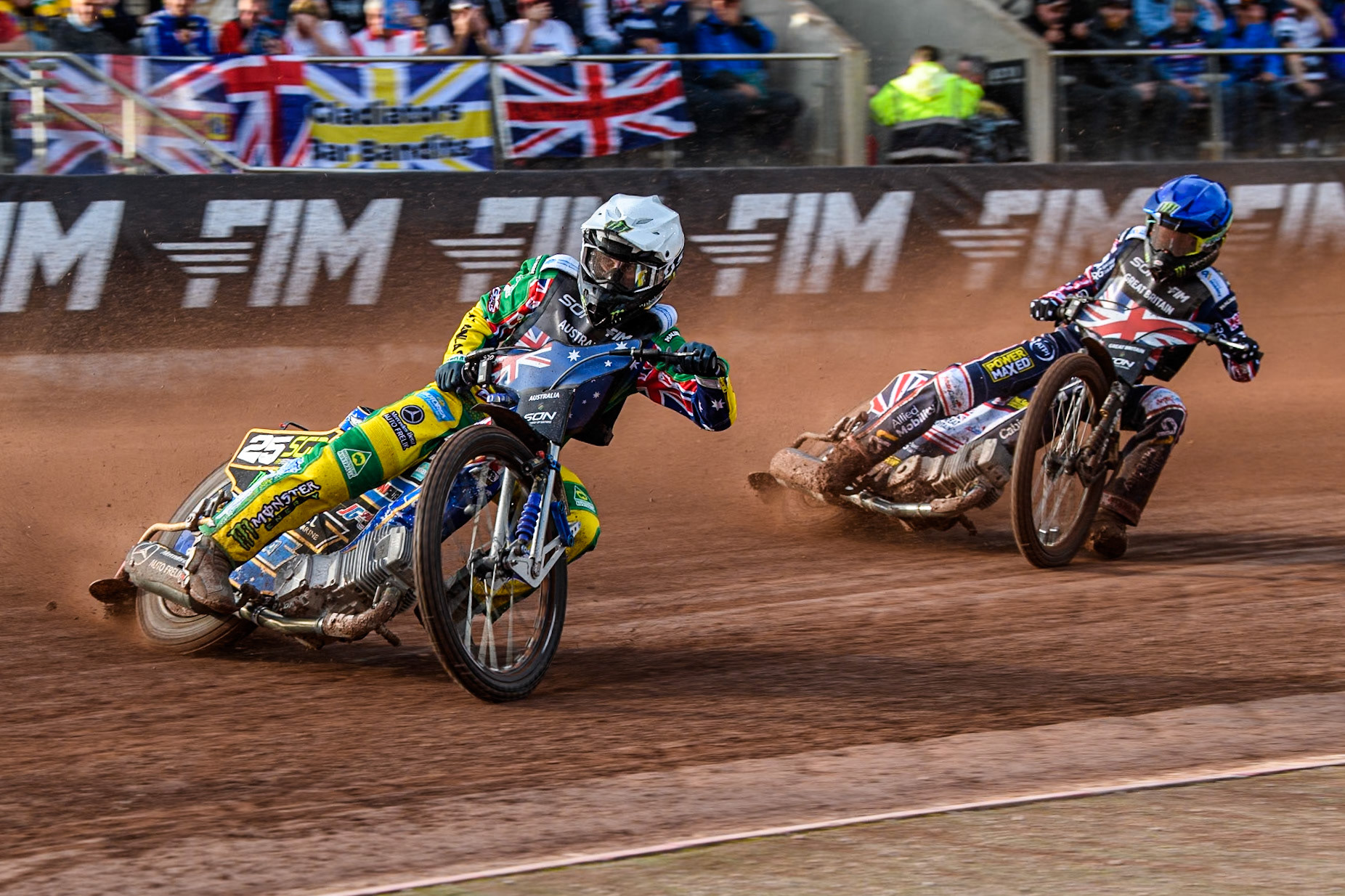 Jack Holder of Australia in White leading Dan Bewley of Great Britain in Blue during the Monster Energy FIM Speedway of Nation Final at the National Speedway Stadium, Manchester on Saturday 13th July 2024. (Photo: Ian Charles | MI News)