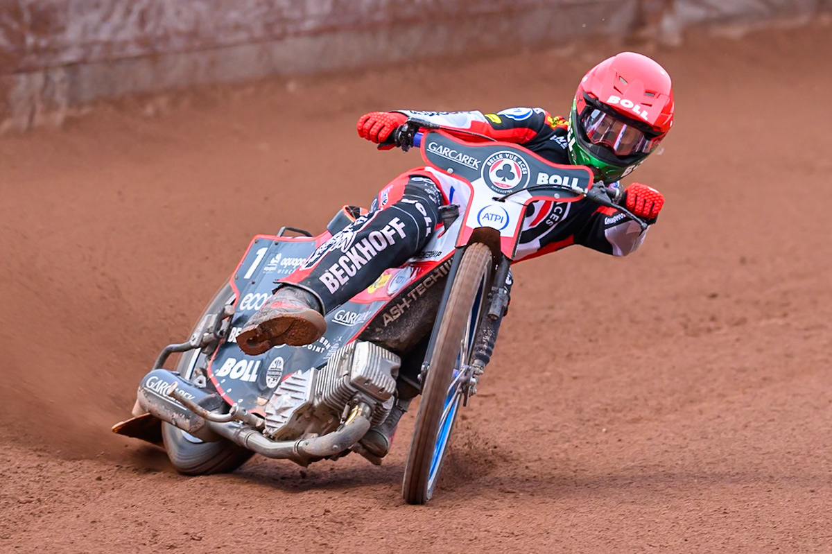 Brady Kurtz of Belle Vue Aces in action during the Rowe Motor Oil Premiership match between Belle Vue Aces and Leicester Lions at the National Speedway Stadium, Manchester on Monday 15th June 2026. (Photo: Ian Charles | MI News)