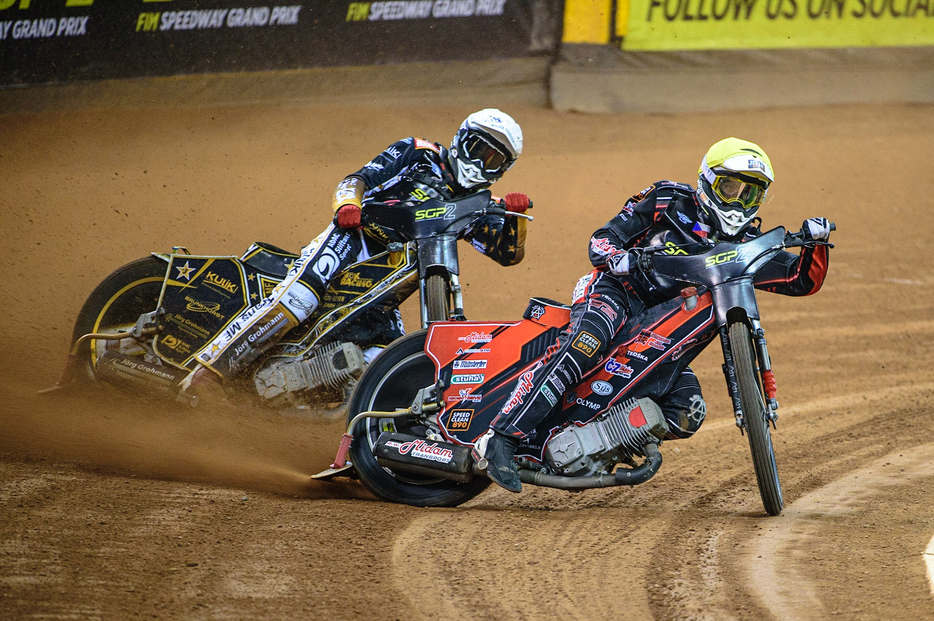 Jan Kvech (Czech Republic)  (Yellow) leads Norick Blodorn (Germany)  (White) during the FIM  Speedway Grand Prix  2 of Great Britain at the Principality Stadium, Cardiff on Sunday 14th August 2022. (Credit: Ian Charles | MI News)