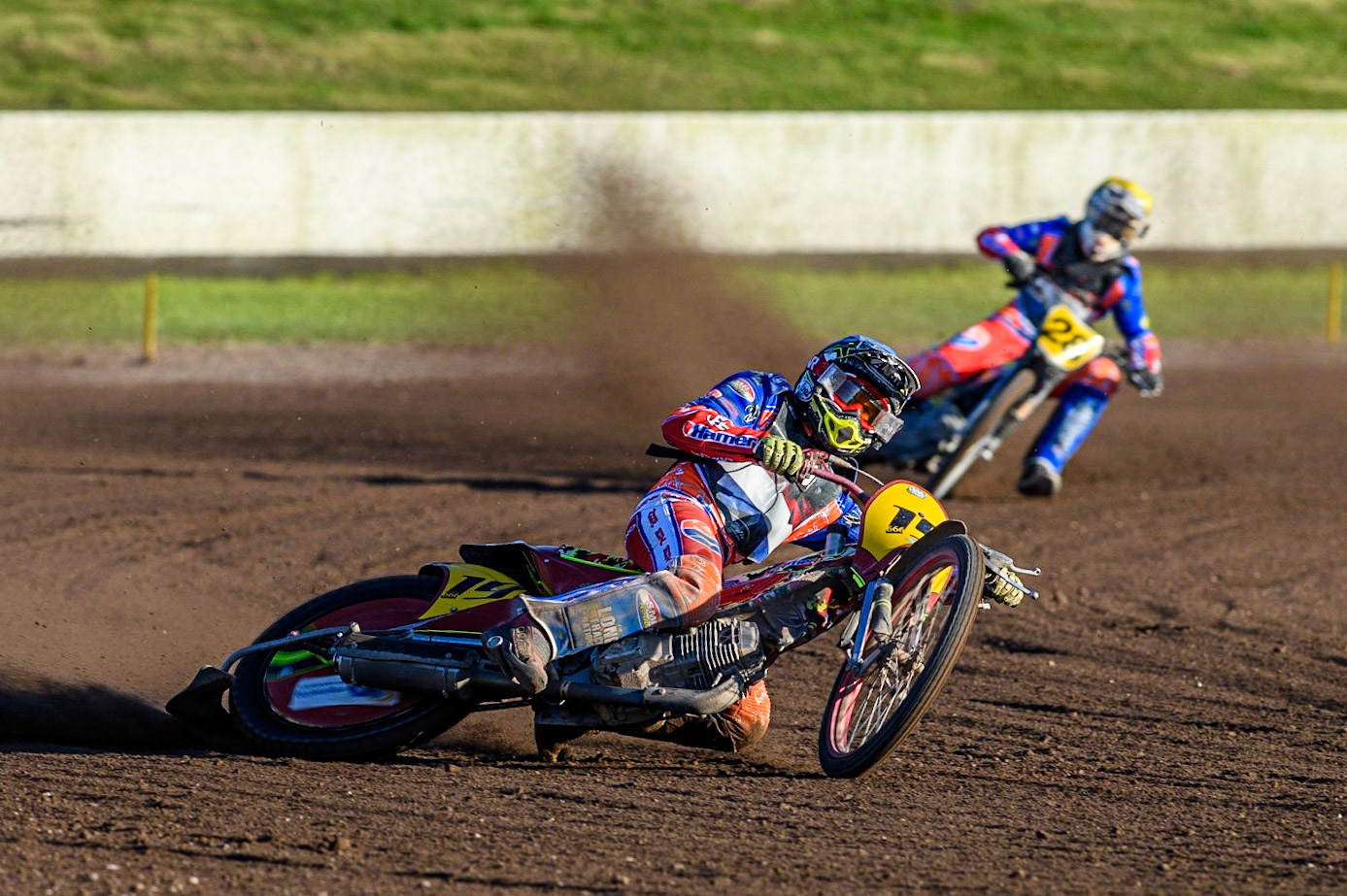 Romano Hummel (Blue) leads  team mate Jannick de Jong (Black &amp; White) during the FIM Long Track Of Nations event at the Speed Centre Roden on Sunday 24th September 2023. (Photo: Ian Charles | MI News)
