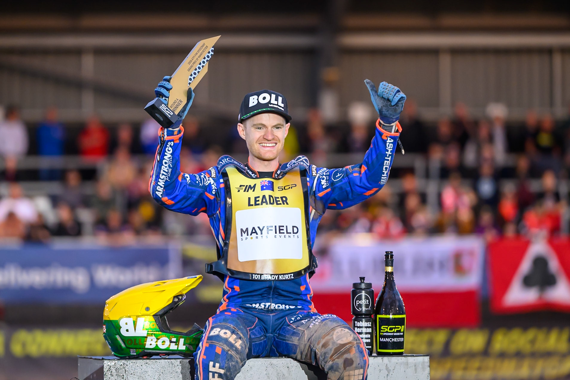 Brady Kurtz (101) of Australia Winner of Round 4 of the Speedway GP during the ATPI  FIM Speedway GP of Manchester at the National Speedway Stadium, Manchester on Saturday 6th June 2026. (Photo: Ian Charles | MI News)