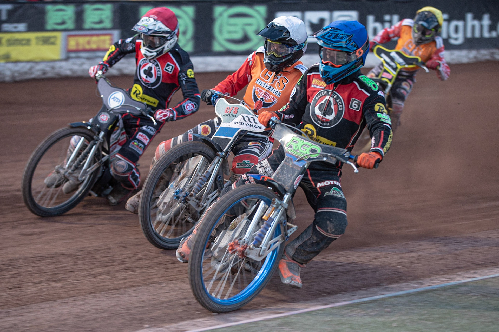 Photo: Ian Charles

Dimitri Bergé (Blue) inside Adam Ellis (White) and Steve Worrall  (Red) with James Shanes  (Yellow) behind

Belle Vue Aces v Swindon Robins, British Speedway Premiership, Belle Vue National Speedway Stadium, Manchester, Monday 20  May  2019