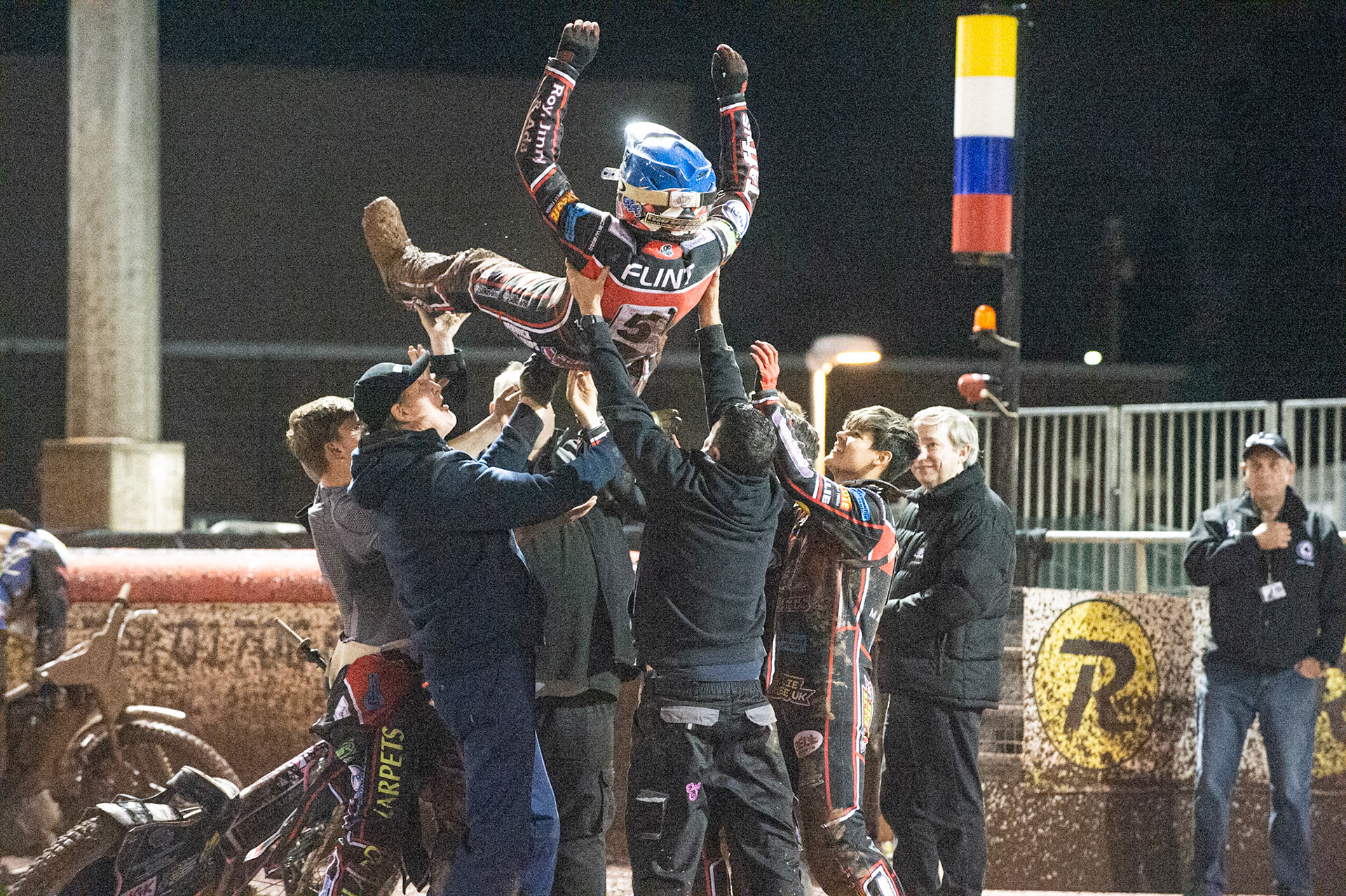 Photo: Ian Charles

Leon Flint  gets the bumps for his maximum

Belle Vue Colts v Mildenhall Fen Tigers, National League, Belle Vue National Speedway Stadium, Manchester, Monday 2  September  2019