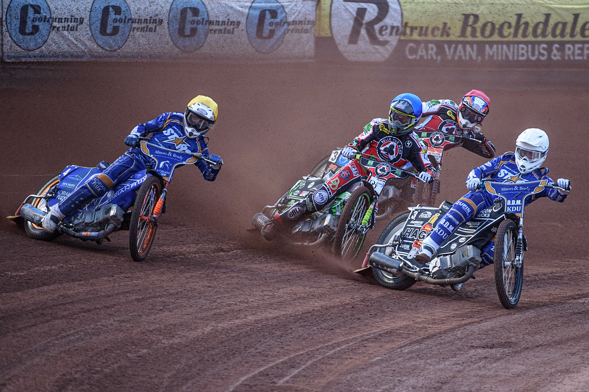 MANCHESTER, UK. AUGUST 23RD    Erik Riss  (White) and Lewis Kerr   (Yellow) leads Charles Wright  (Blue) and Steve Worrall  (Red) during the SGB Premiership match between Belle Vue Aces and King's Lynn Stars at the National Speedway Stadium, Manchester on Monday 23rd August 2021. (Credit: Ian Charles | MI News)