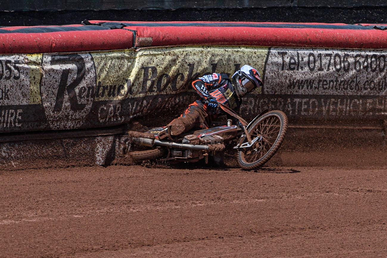 Zach Cook slides off during the Sports Insure Premiership match between Belle Vue Aces and Wolverhampton Wolves at the National Speedway Stadium, Manchester on Monday 29th May 2023. (Photo: Ian Charles | MI News)